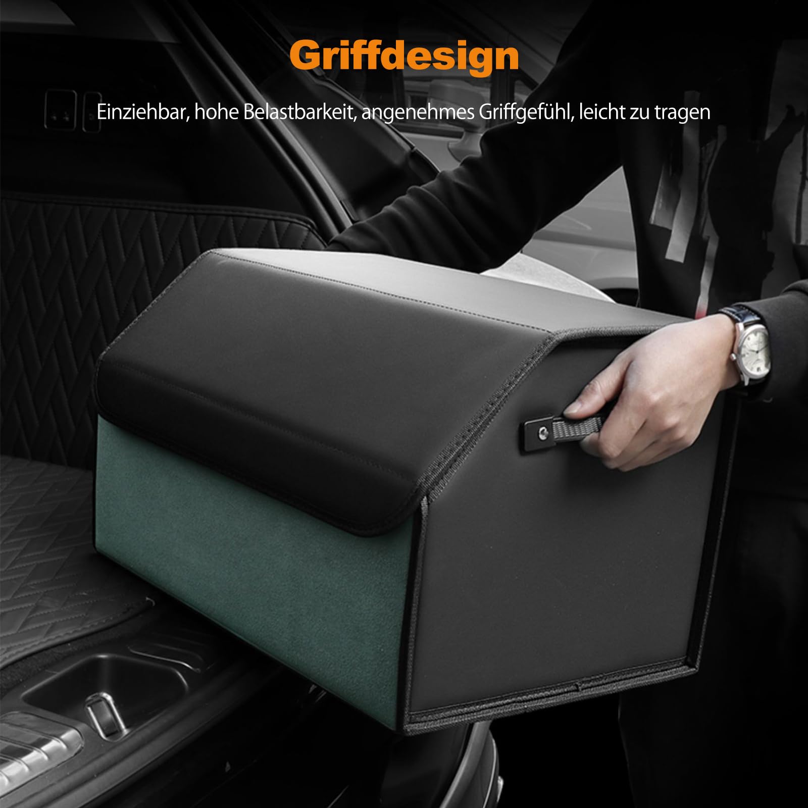 Ergocar Zusammenklappbarer Kofferraum Organizer, PU-Leder und Wildleder Aufbewahrungsbox für Autozubehör, Autotasche Auto Kofferraum Box mit Deckel und Griffe, Autozubehör Innenraum