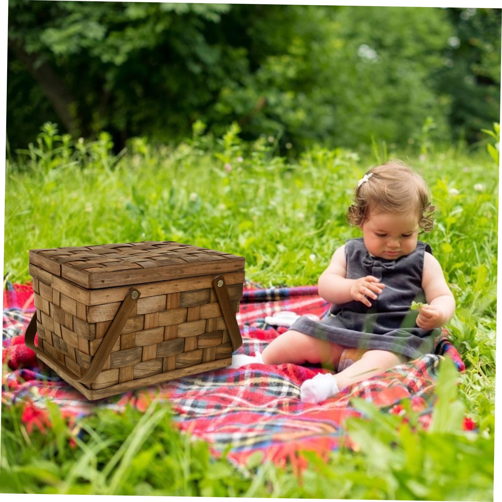 Panier D'extérieur Portable en Bois avec Poignée, Panier de Pique-niques Multifonctionnel Design Naturel et Élégant, Cuisine et Pique-niques