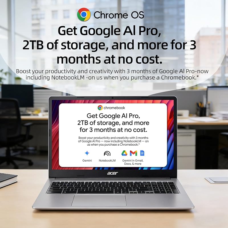 Acer Chromebook 15.6" FHD Laptop, Intel Celeron N4500, 4GB Memory, 128GB Storage (64GB eMMC+64GB SD Card), 2TB Cloud Storage, 2 X USB-C & A, Google AI Pro, Bluetooth, Wi-Fi 6, DTS Audio, Chrome OS image 6