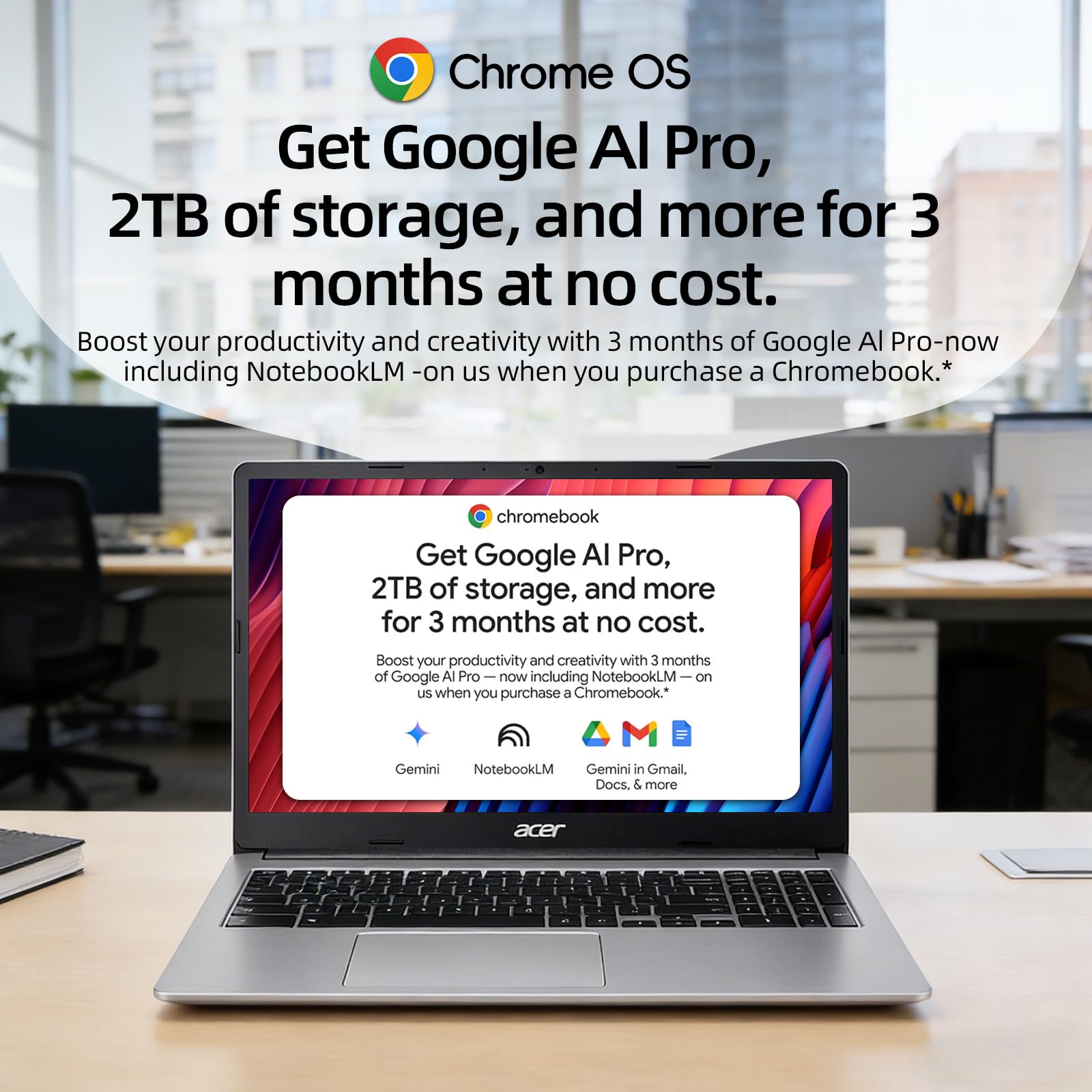 Acer Chromebook 15,6" FHD Laptop, Intel Celeron N4500, 4GB di memoria, 128GB di memoria (64GB eMMC + 64GB SD Card), 2TB Cloud Storage, 2 X USB-C & A, Google AI Pro, Bluetooth, Wi-Fi 6, DTS Audio
