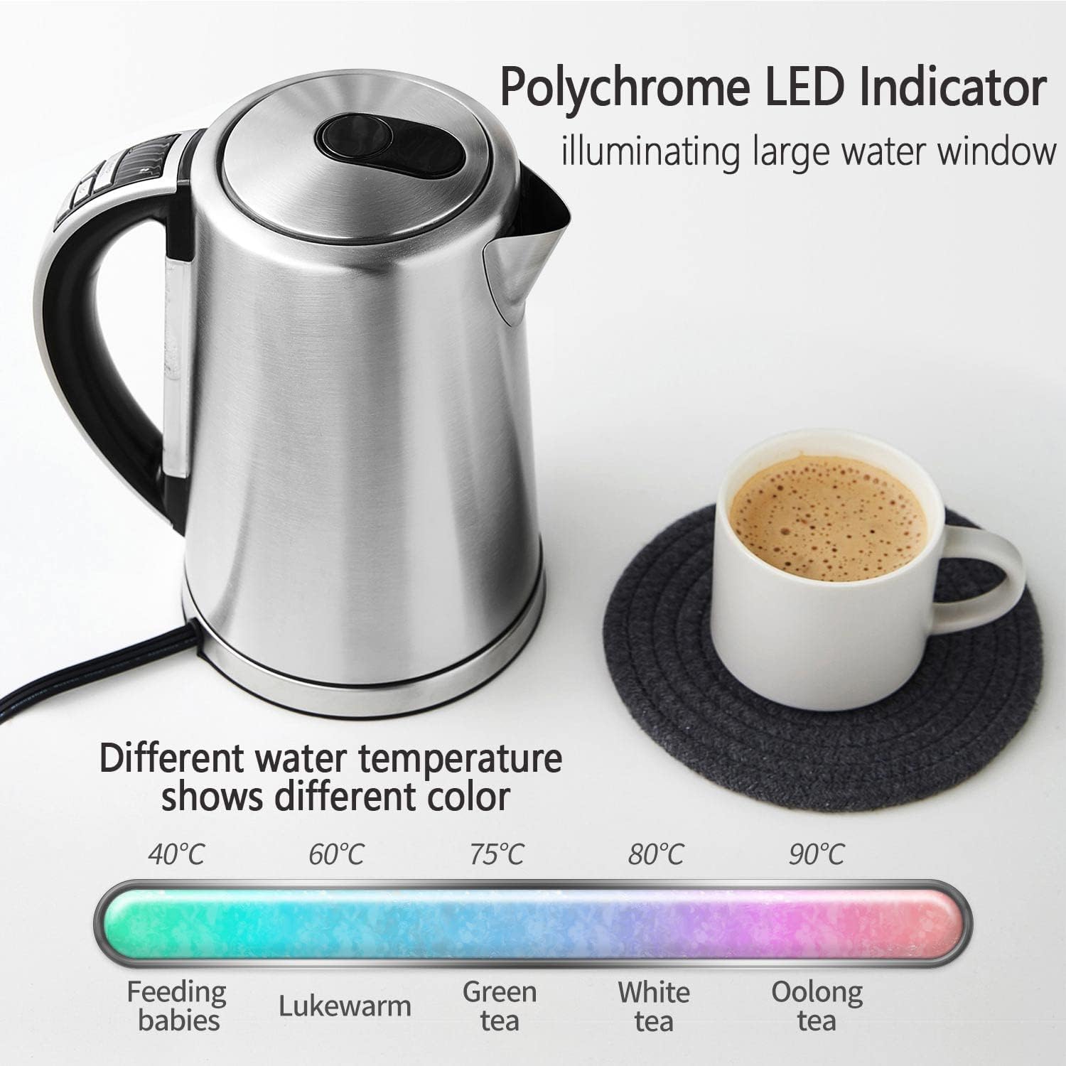 Kettle with polychrome LED indicator showing different colors for different temperatures