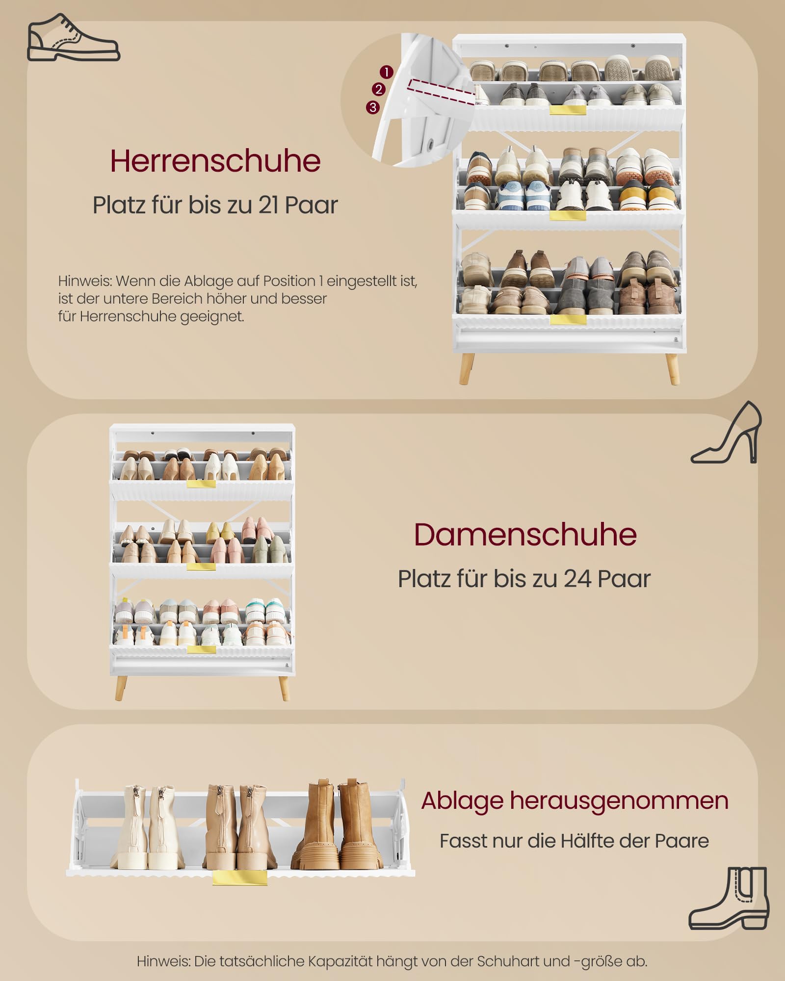 VASAGLE MAXE Kollektion - Schuhschrank mit 3 Klappen, Schuhkipper schmal, Schuhregal für Eingangsbereich, geriffelte Türen, für 18-24 Paar Schuhe, Mid Century Modern, wolkenweiß HSC302WB02