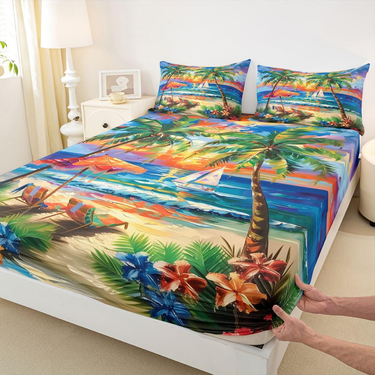 Juego de sábanas bajeras de playa tropical, tamaño King, con palmeras y sillas de playa, decoración de habitación para niños, adolescentes y adultos, juego de ropa de cama con diseño de velero