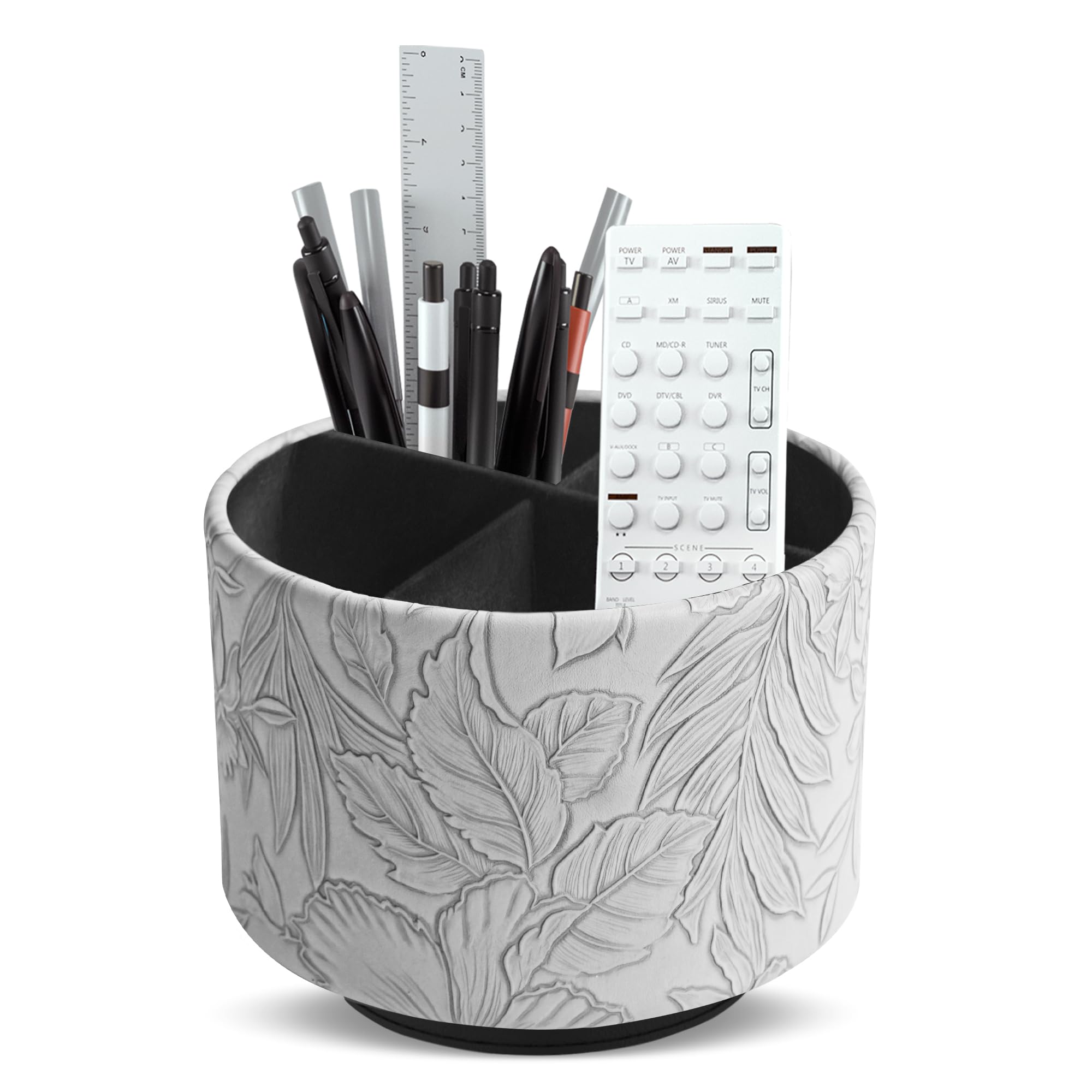 Czzmy Round Leather Art Supply Organizer,Remote Control Holder,360 Degree Spinning,Multi-Functional Pencil Holder,4 Compartments Desktop Stationary Organizer(1-Carved Grey)