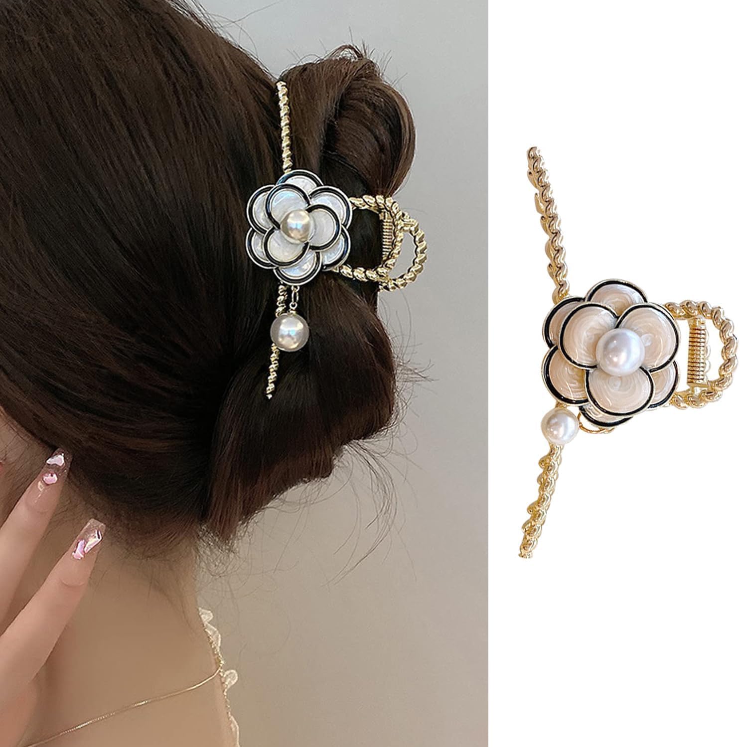 Diversa Rhinestone Golden Claw Clip, Embellished Korean Clutcher, Non- Slip Metal Claw Clip for Girls, Fancy Clutcher for Women, Pack of 1 (Camellia)