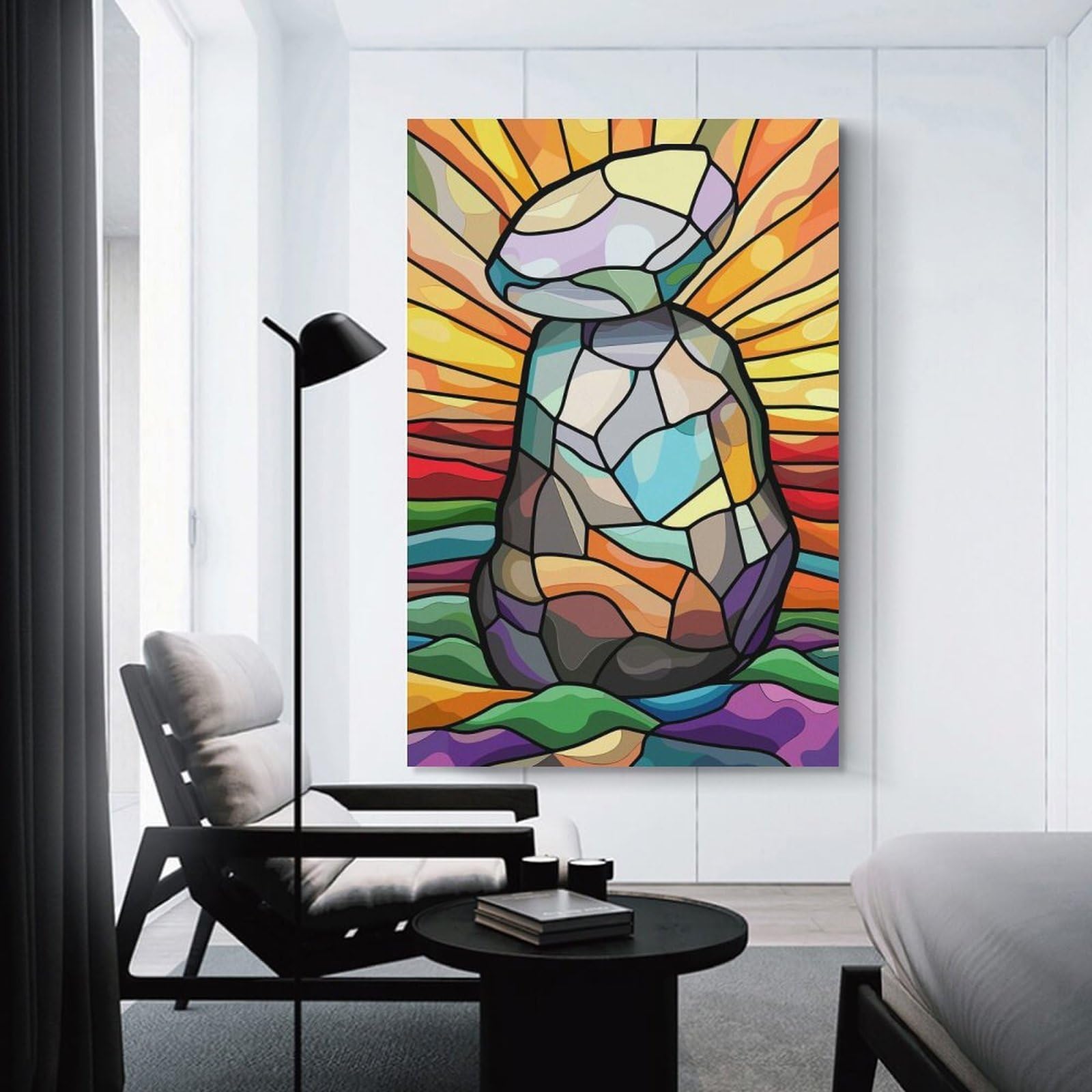 Junmoney Unframe-Style-1 Stained Glass Cairn With Sunset Background Canvas Wall Decor 20X30inch(50X75cm), For Home Lounge, Bedroom Or Reading Nook, A Home Accent With Warm Character