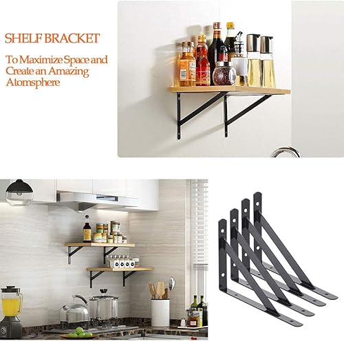 Miniatura 6 de 8 soportes de estante triangulares resistentes para estanterías en ángulo recto, soportes de estante montados en la pared, color negro, 6 pulgadas