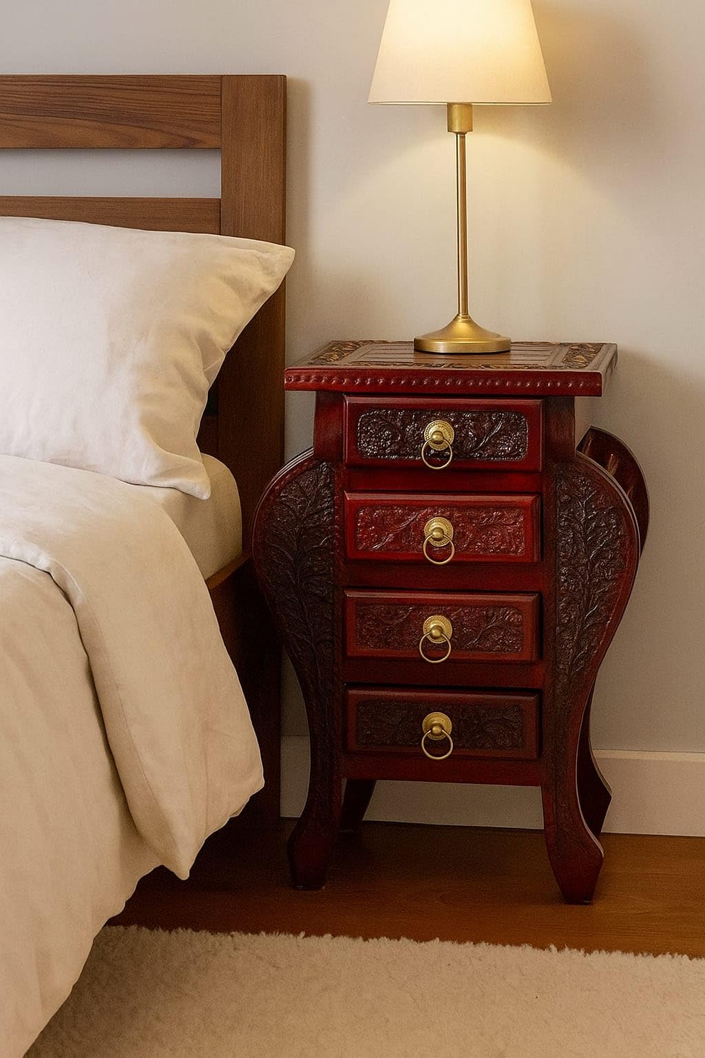 FWI Handcrafted Solid Mango Wood Bedside Table with 4 Drawers | Reddish Brown Finish | End Table, Side Table & Nightstand for Bedroom, Living Room & Office (16 x 12 x 21 h)-image-39