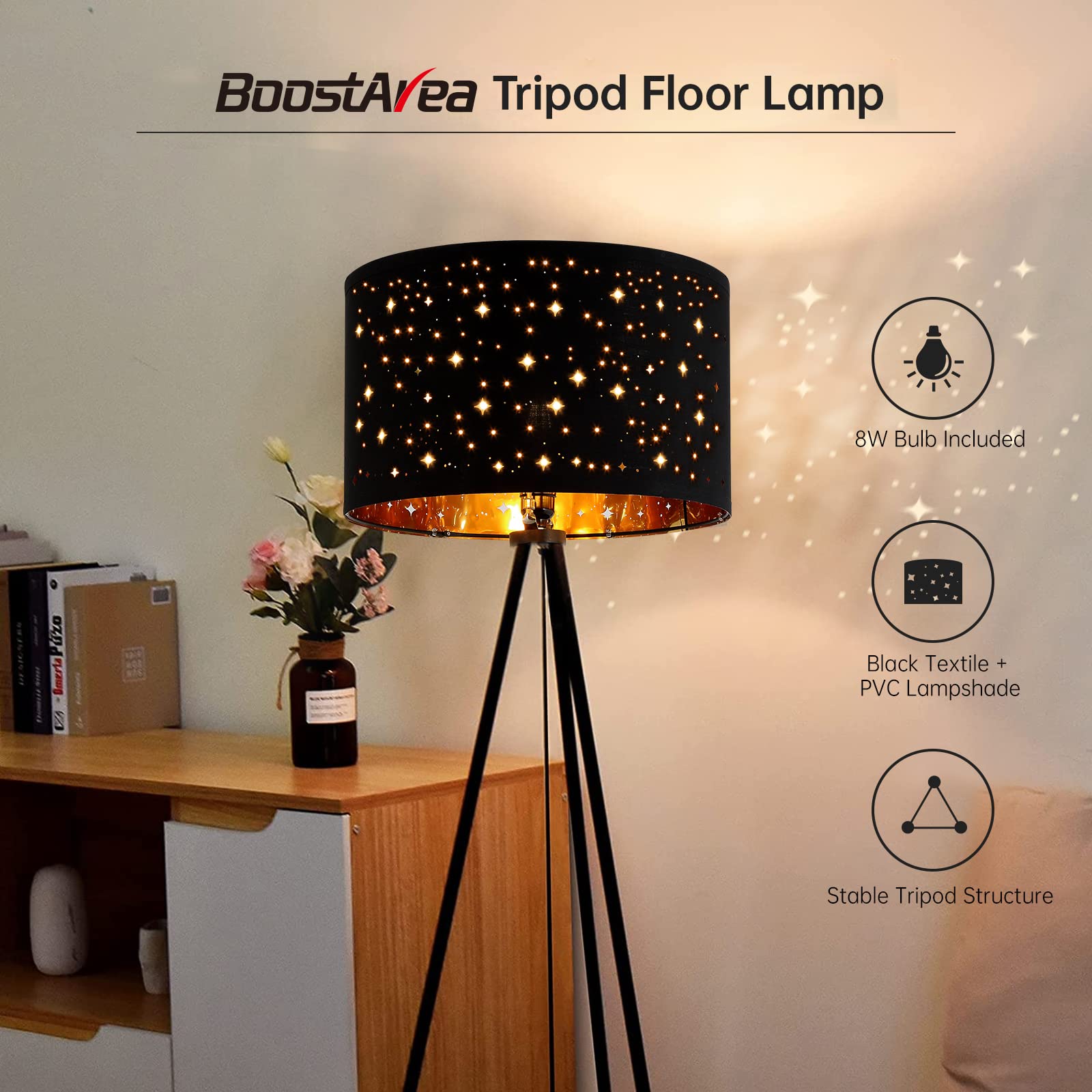 BoostArea Floor Lamp, Tripod Floor Lamp, 8W LED Bulb