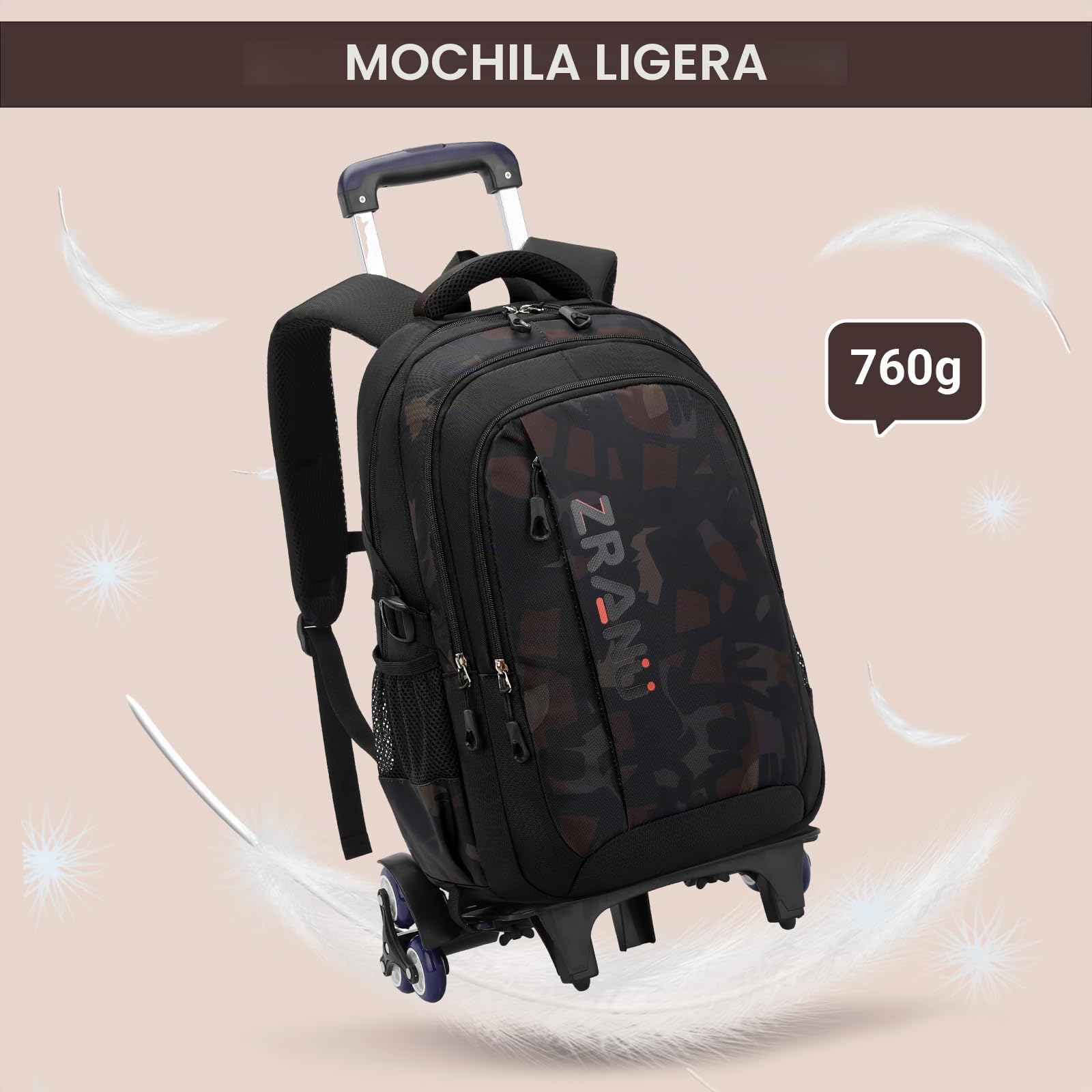 Amythe Mochila con Ruedas Niños Mochilas Escolares Trolley para Adolescentes 10 12-24 años, Carro para Mochilas 6 Ruedas, Mochila de Viaje Gran Capacidad y Resistente al Agua, Marrón