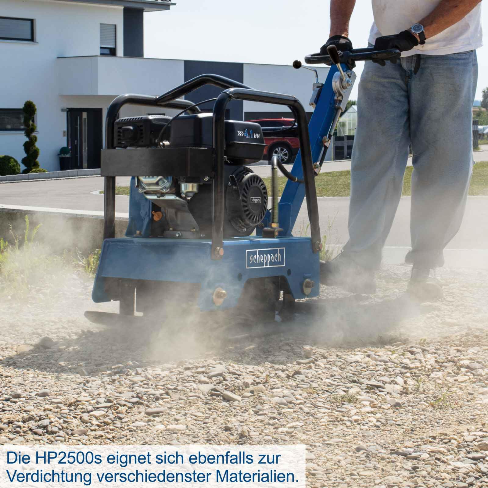 Scheppach HP2500S Benzin Rüttelplatte reversierbar | 125kg | 6,5PS | 40cm Verdichtungstiefe | 28kN | Vor-/Rücklaufgeschwindigkeit 25 m/min | 630x400mm Stahlplatte | inkl. Gummimatte & Fahrvorrichtung