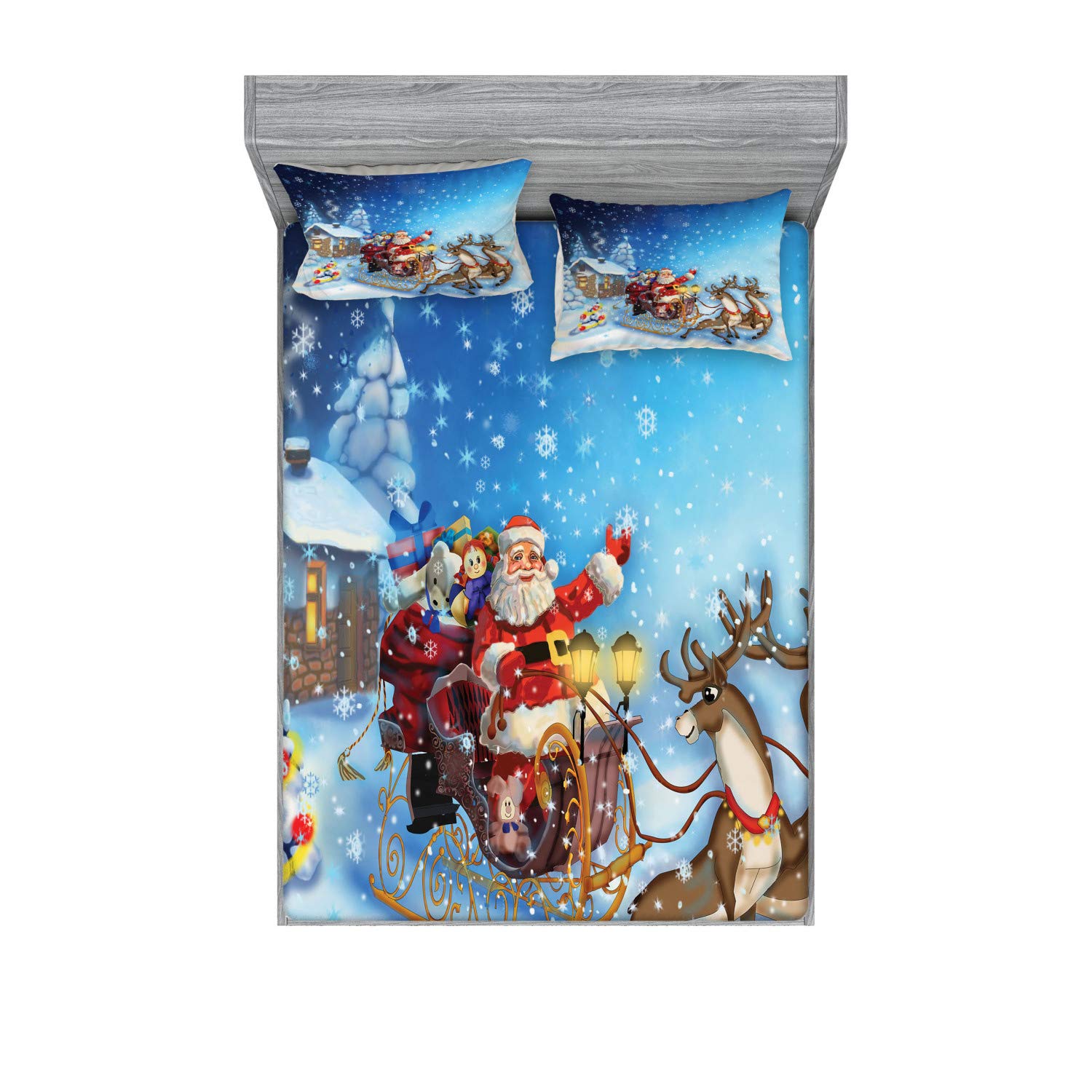 Ambesonne Christmas Fitted Sheet & Pillow Sham Set, Santa in Sleigh Reindeer and Toys Snowy North Pole Tale Fantasy Image, Decorative Printed 3 Piece Bedding Decor Set, Calking, Dark Sky Blue