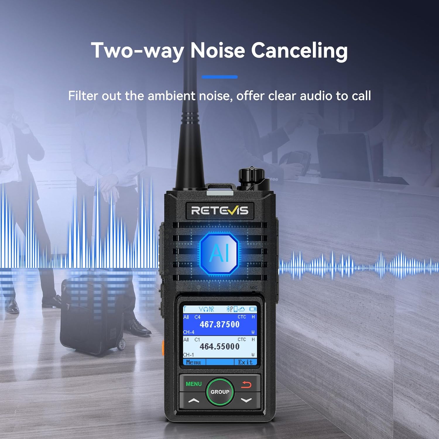 Retevis RB58 Bluetooth Walkie Talkie with Wireless Earpiece, Business Waterproof Two Way Radio, Noise Cancelling, APP Control, Group Call, 256CH, VOX, for Restaurant Retail Hotel(4 Pack)