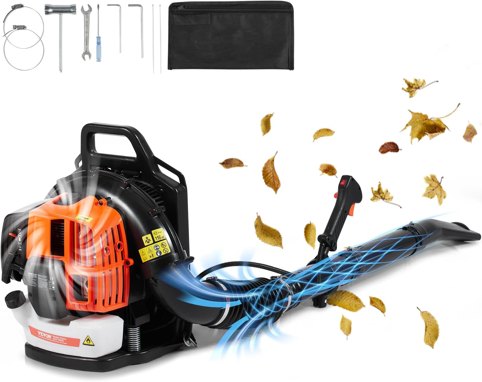 VEVORBackpack Leaf Blower, 63CC 2-Cycle Gas Leaf Blower with 1.89L Fuel Tank, 1110CFM Air Volume 220MPH Speed, Ideal for Lawn Care, Leaf Cleaning, and Snow Removal