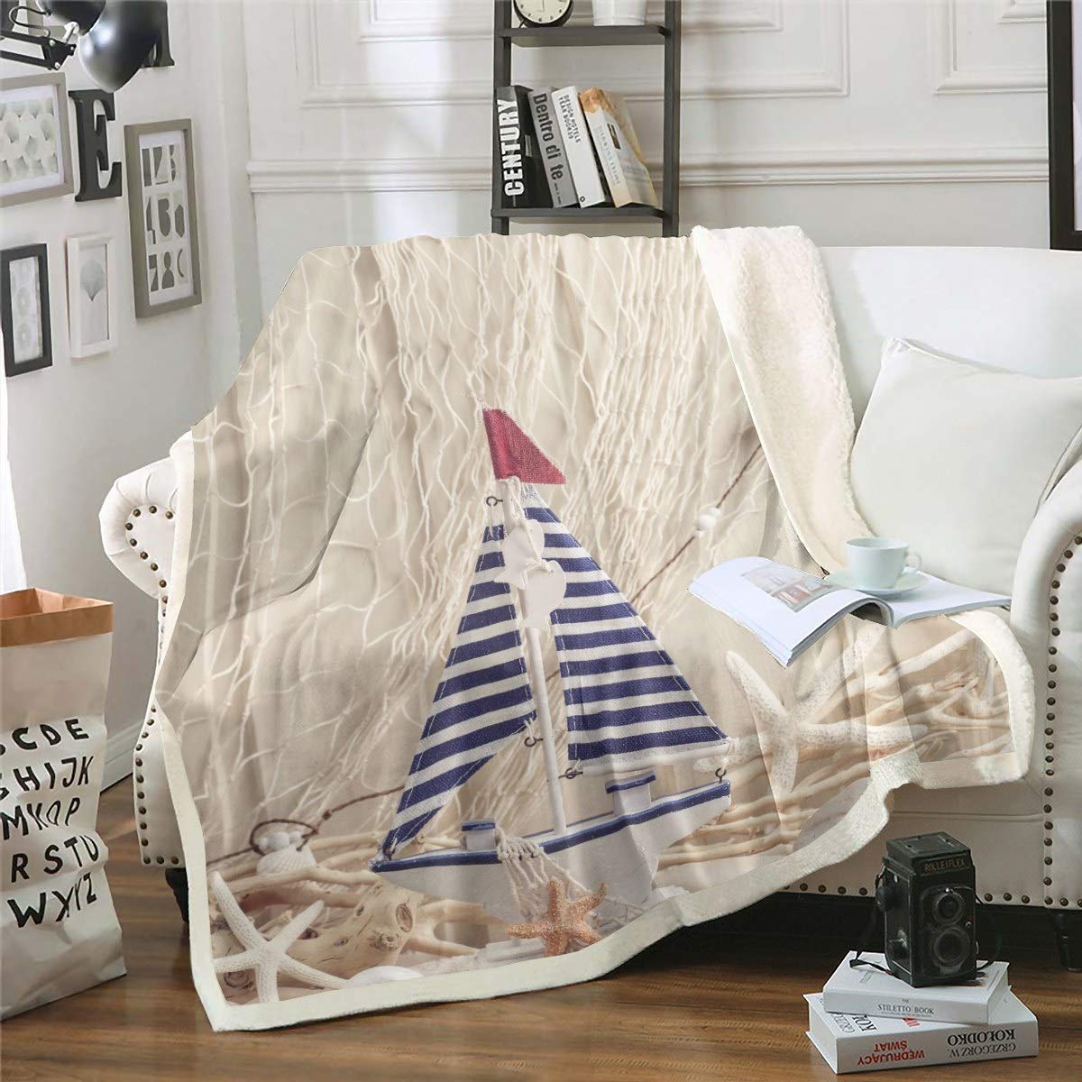Loussiesd Sailboat Printed Fleece Blanket Nautical Theme Sherpa Blanket for Chair Sofa Couch Ocean Starfish Fuzzy Blanket Breathable Sea Adventure Plush Throw Blanket Room Decor Baby 30"x40"