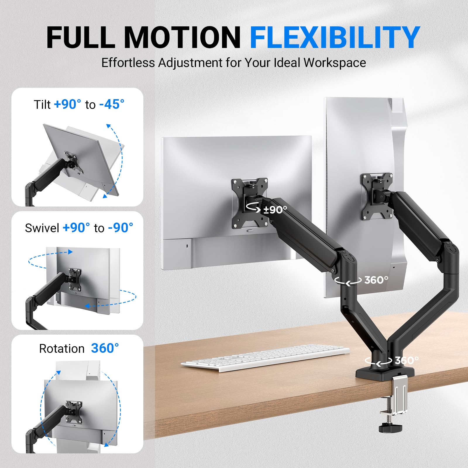 GRIFEMA GB2003-2 Bras Ecran PC VESA 75x75-100x100 mm, Rotation 360°, Réglable en Hauteur, 9 kg, Noir
