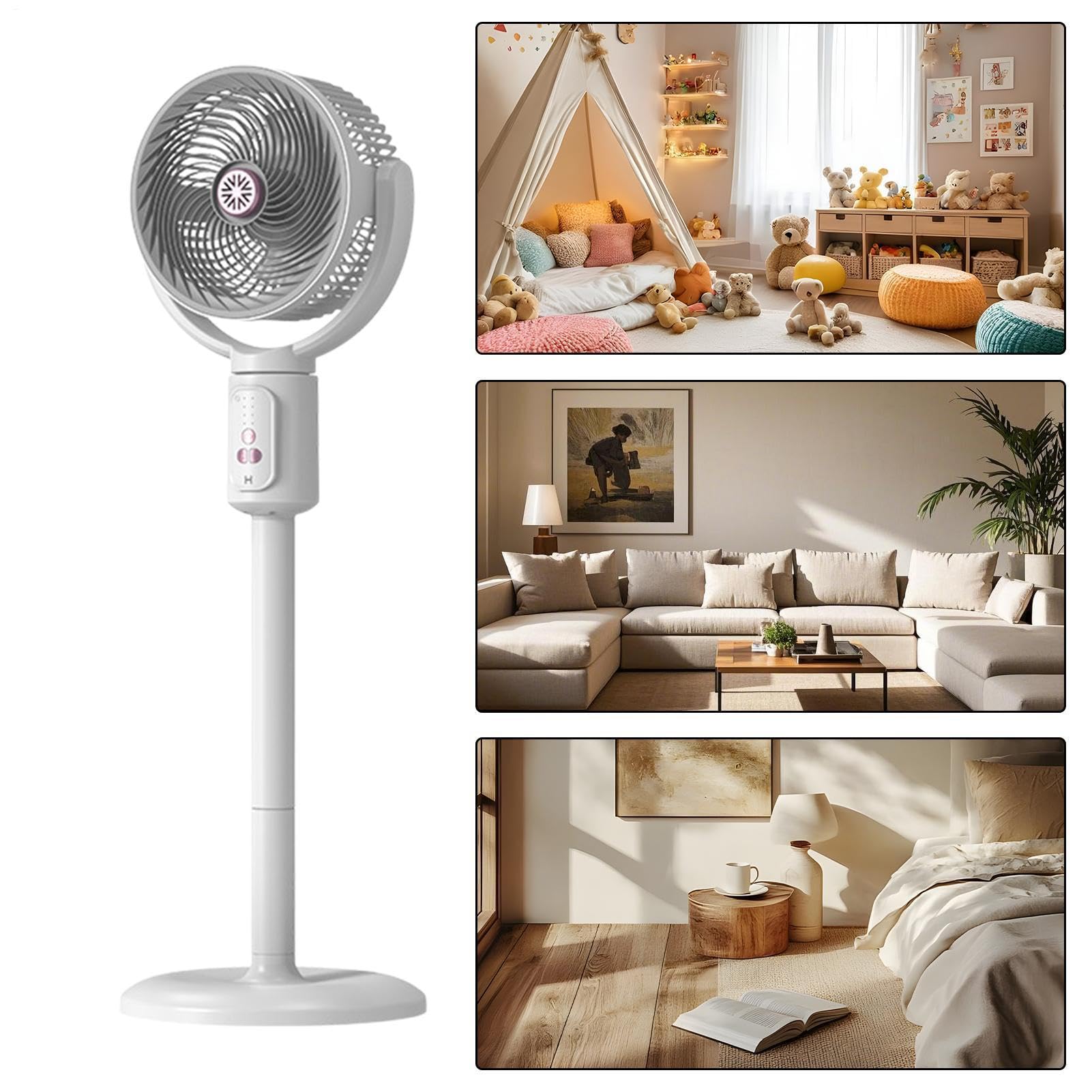 Ventilador de pie Ventilador vertical de 5 velocidades con temporizador | Circulador de aire de pie oscilante, ajustable en altura, recargable por Para Hogar, Oficina, Cocina, Salón Y Playa