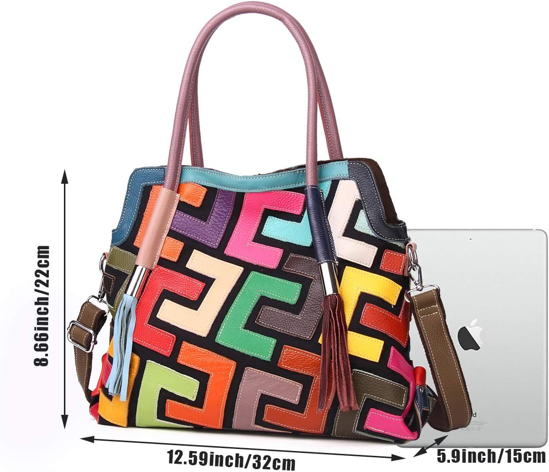 Women's Multicolor Big Boston Bag Genuine Leather RANDOM Colorful Patchwork Large Tote Handbag Hobo Crossbody Purses - Image 2