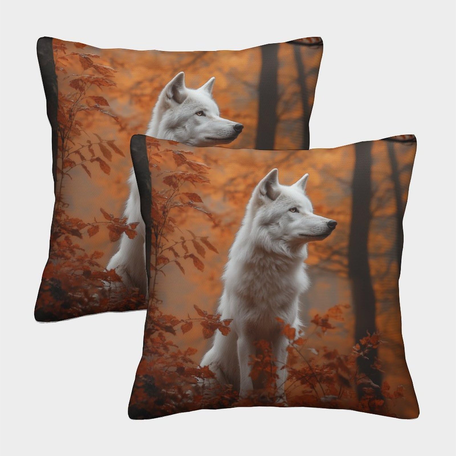 kaiyun 2 Pack 50x50cm Pillow Cases,Orange Autumn Forest,White Wolf Decorative 3D Printed Cushion Cover,sofa Bed Decorative Cushions