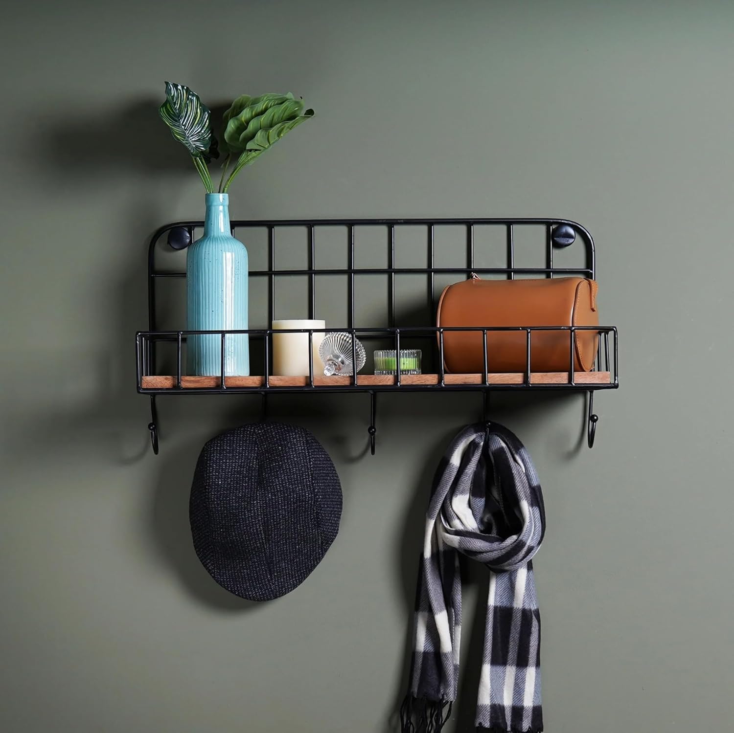 TreeAdge Arts Wall Key Holder with Wooden Shelf, Metal Key Holder with 5 Key Hooks, Storage Basket for Letters, Notes, Keys-Black Burn-image-48