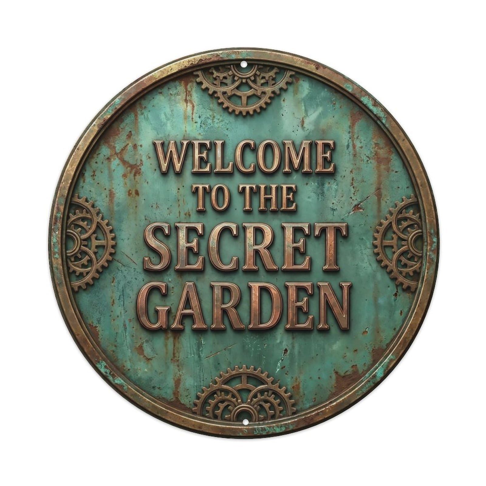 Vintage Welcome Secret Garden Geared Cog Metal Tin Sign