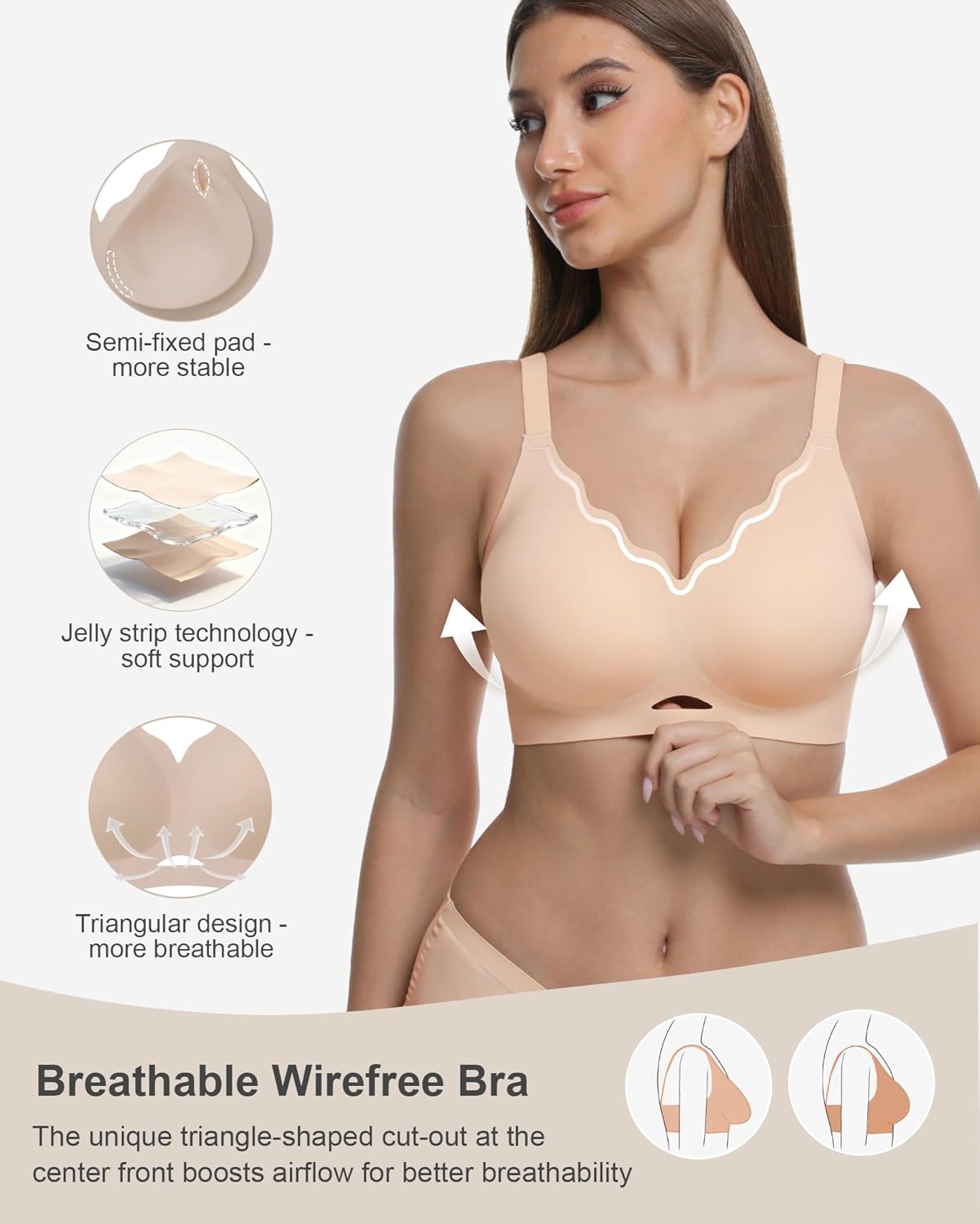 Vinfact Scalloped Womens Wireless No Underwire Bras Push Up Supportive Tshirt Seamless Comfortable Full Coverage Bralettes - Image 2