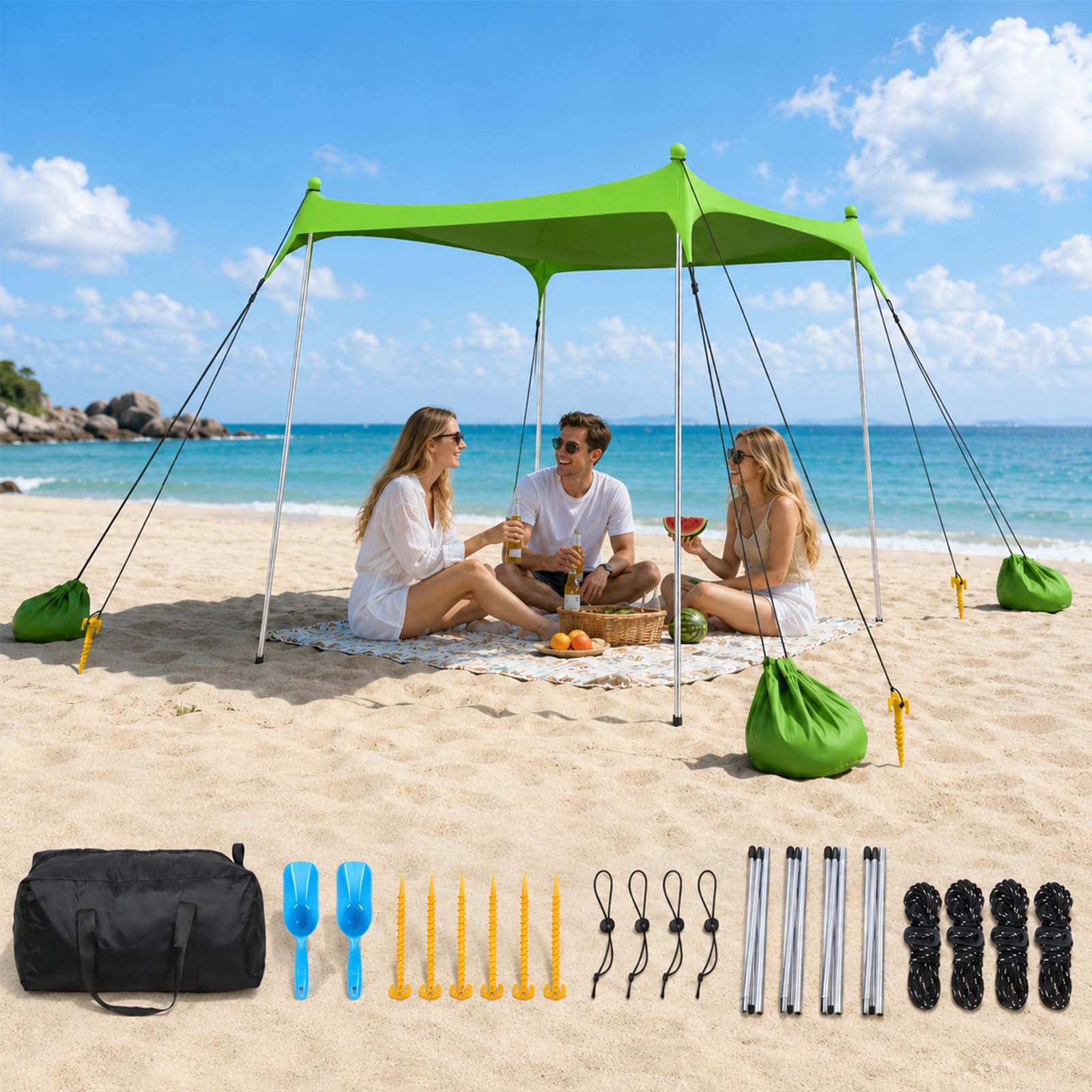 Tenda da spiaggia 2 x 2,1 m, Parasole UPF50+ Portatile per 2-3 Persone – Kit Parasole da Esterno con Pali, Picchetti, Corde e Borsa Trasporto – Ideale per Spiaggia, Campeggio, Picnic – Verde