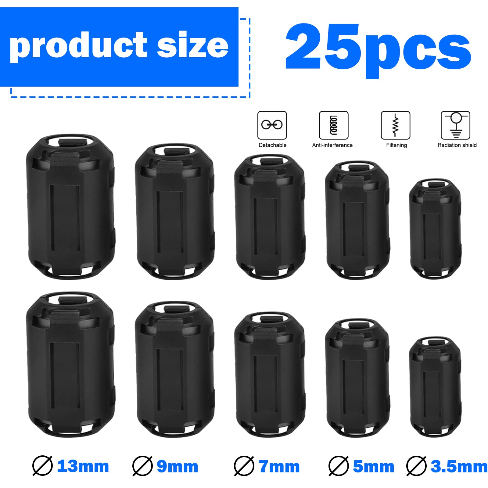 Ferrite Anneau Noyau Set: 25 Pièces Ferrite Antiparasite, Ferrite Anneau Noyau Set, Noyau D'anneau de Ferrite Clip de Câble en Ferrite, RFI EMI Noise Suppressor(3,5 mm 5 mm 7 mm 9 mm 13 mm/Noir)