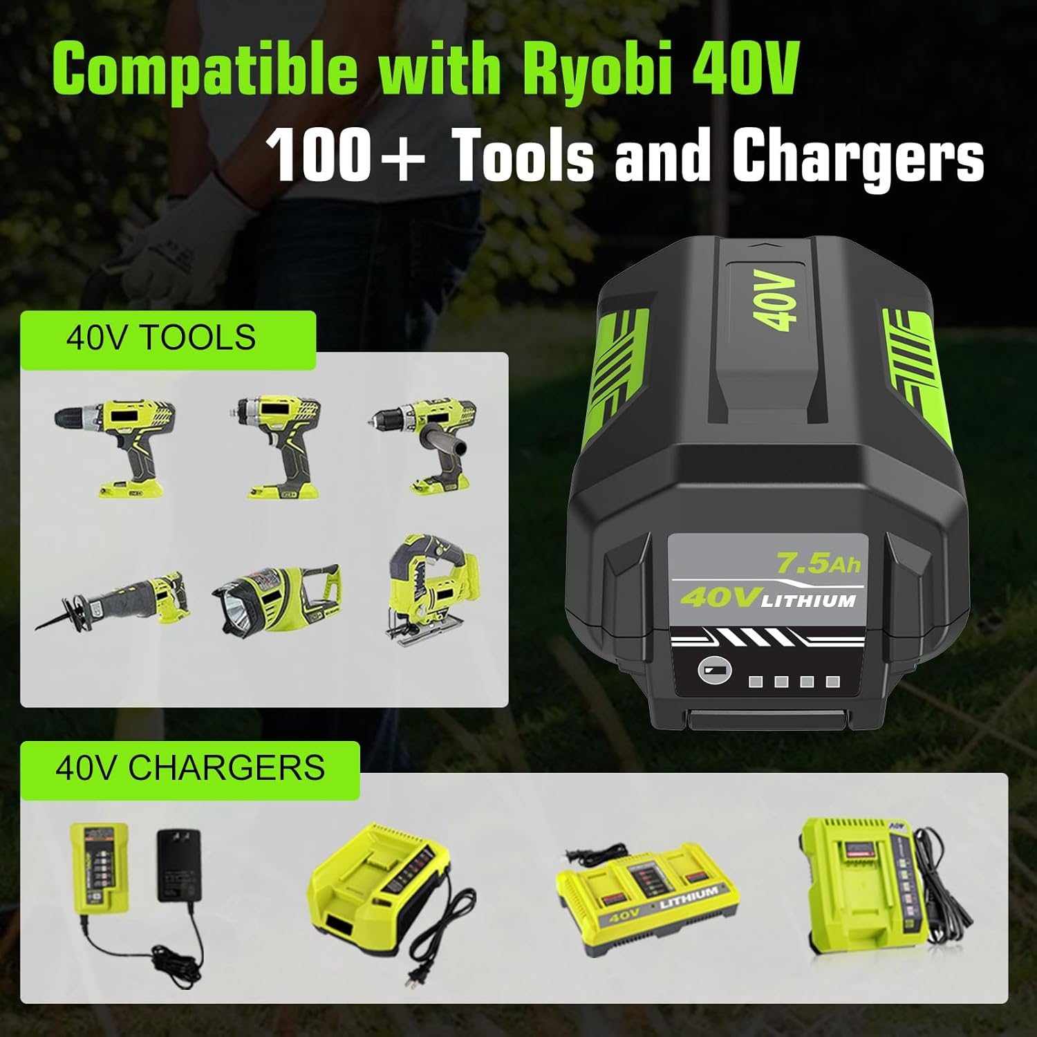 Reoben 2Pack OP4060 7500mAh 40 Volt Replacement for Ryobi 40V Lithium Battery 7.5Ah Compatible with Ryobi 40V Battery OP4050A OP40601 for 40 Volt ryobi Battery(Green-3P)