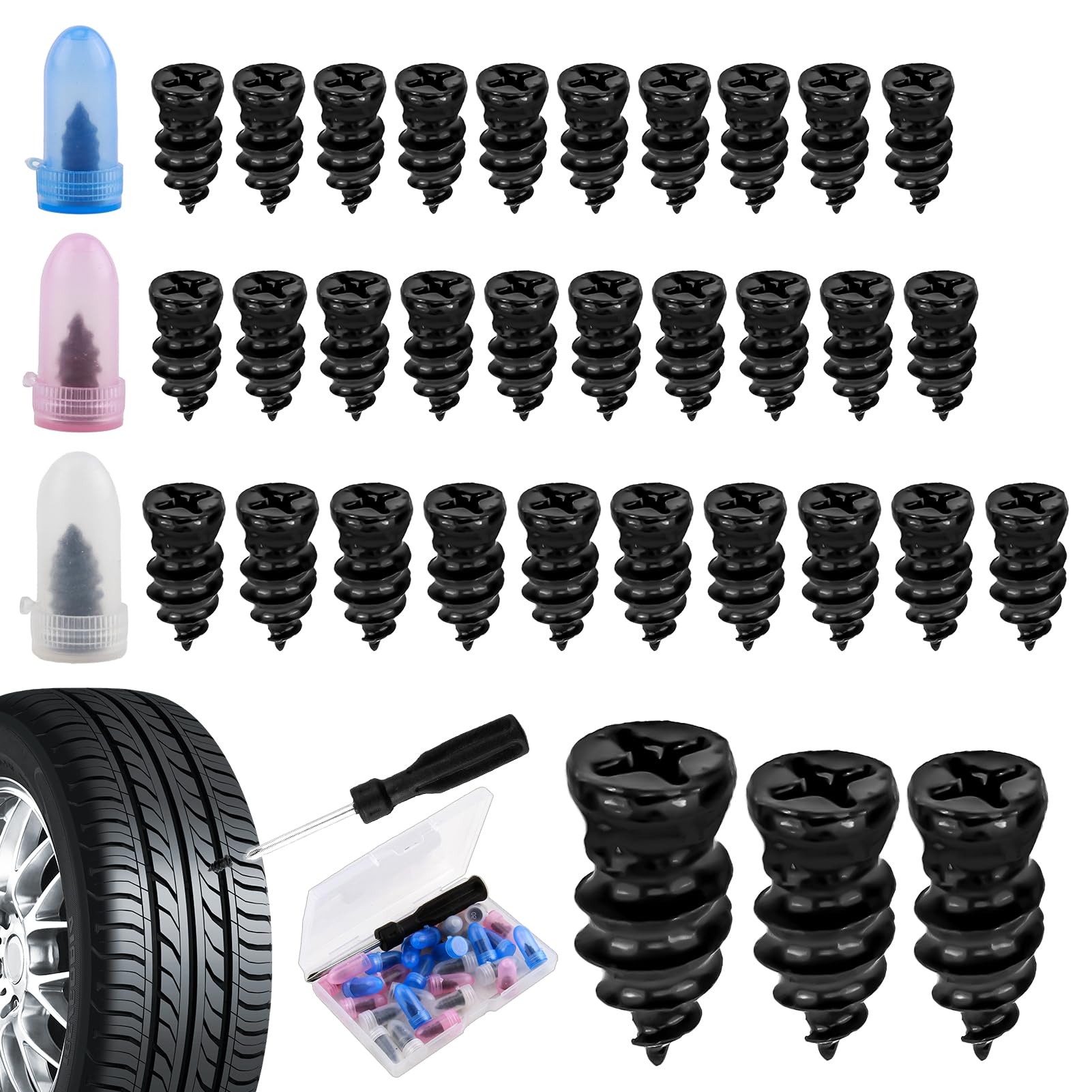 30 Tire Repair Rubber Screws, Vacuum Tyre Repair Nails Plugs Car Puncture Repair Kit Self-Service Rubber Nail Tire Repair Tool with Screwdriver for Cars SUVs Trucks Motorcycles Bicycles(10S +10M +10L)