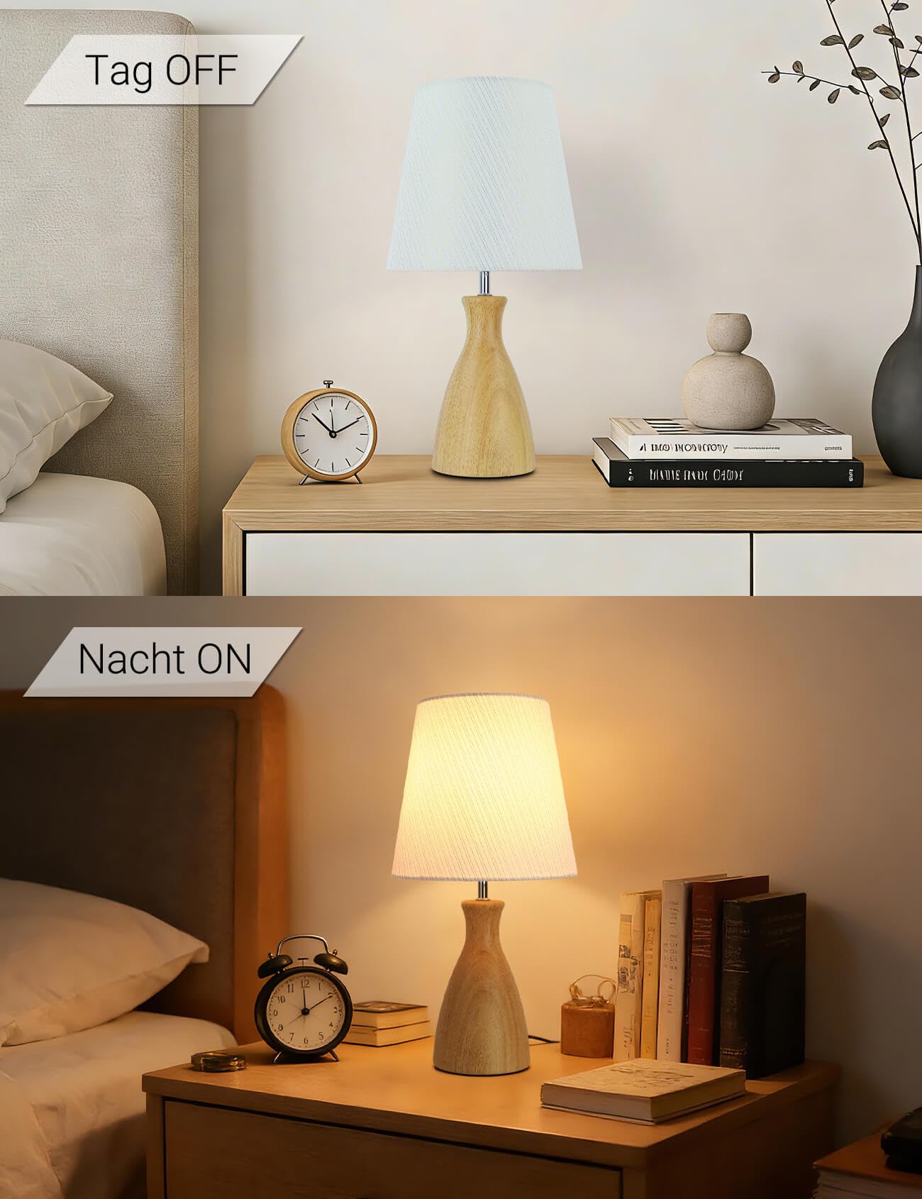 HSLighting Lampka nocna z drewna, lampa stołowa z kablem, regulowany włącznik/wyłącznik, złote nitki, abażur materiałowy, minimalistyczna lampa stołowa na stolik nocny do sypialni, salonu, prezent