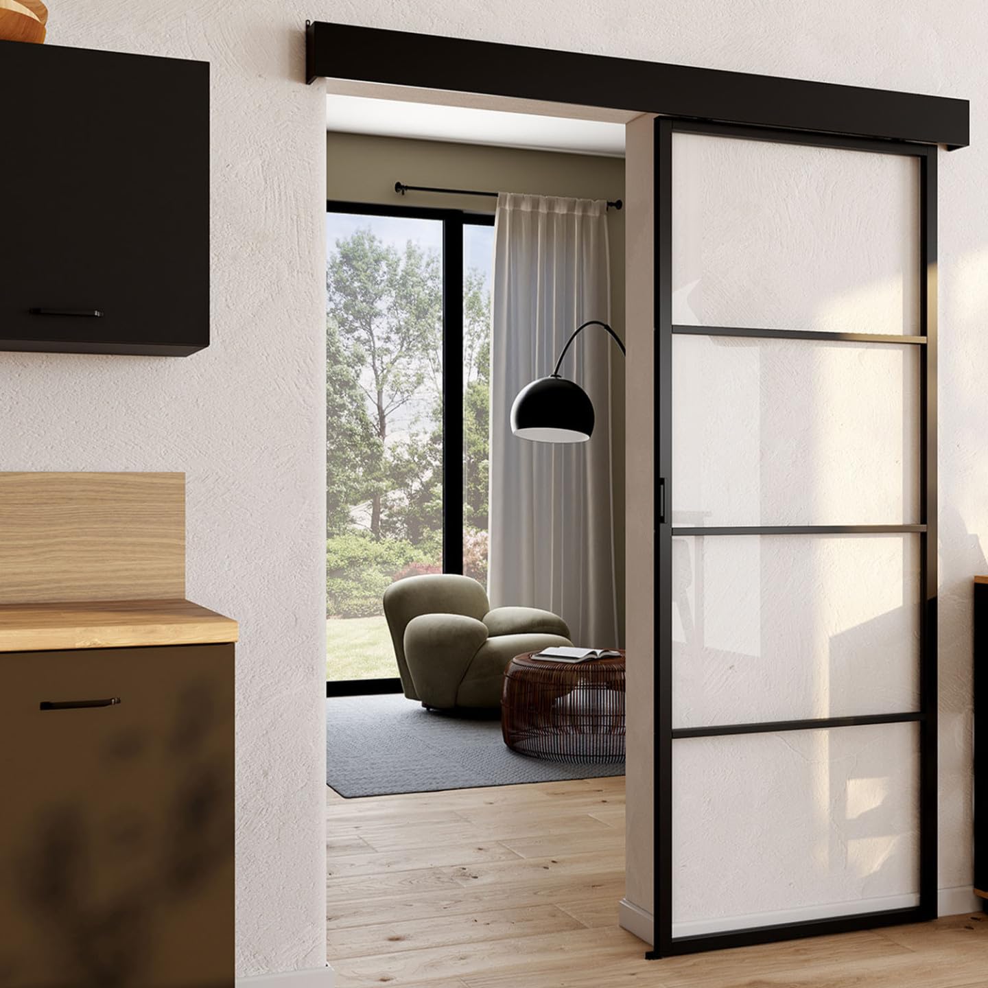 IDMarket - Kit de puerta corredera de cristal templado 83 cm de metal + MDF con riel y fijaciones