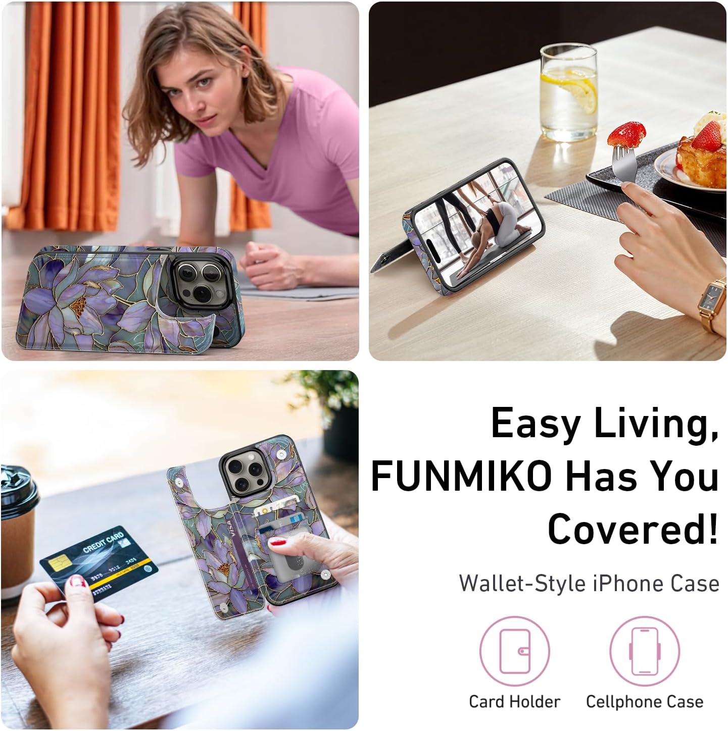 FUNMIKO for iPhone 15 Pro Wallet Case with Card Holder, RFID-Blocking, Military-Grade Protection & UV-Printed Artwork, Magnetic Closure with Leather Kickstand - Dreamy Lotus - Image 6