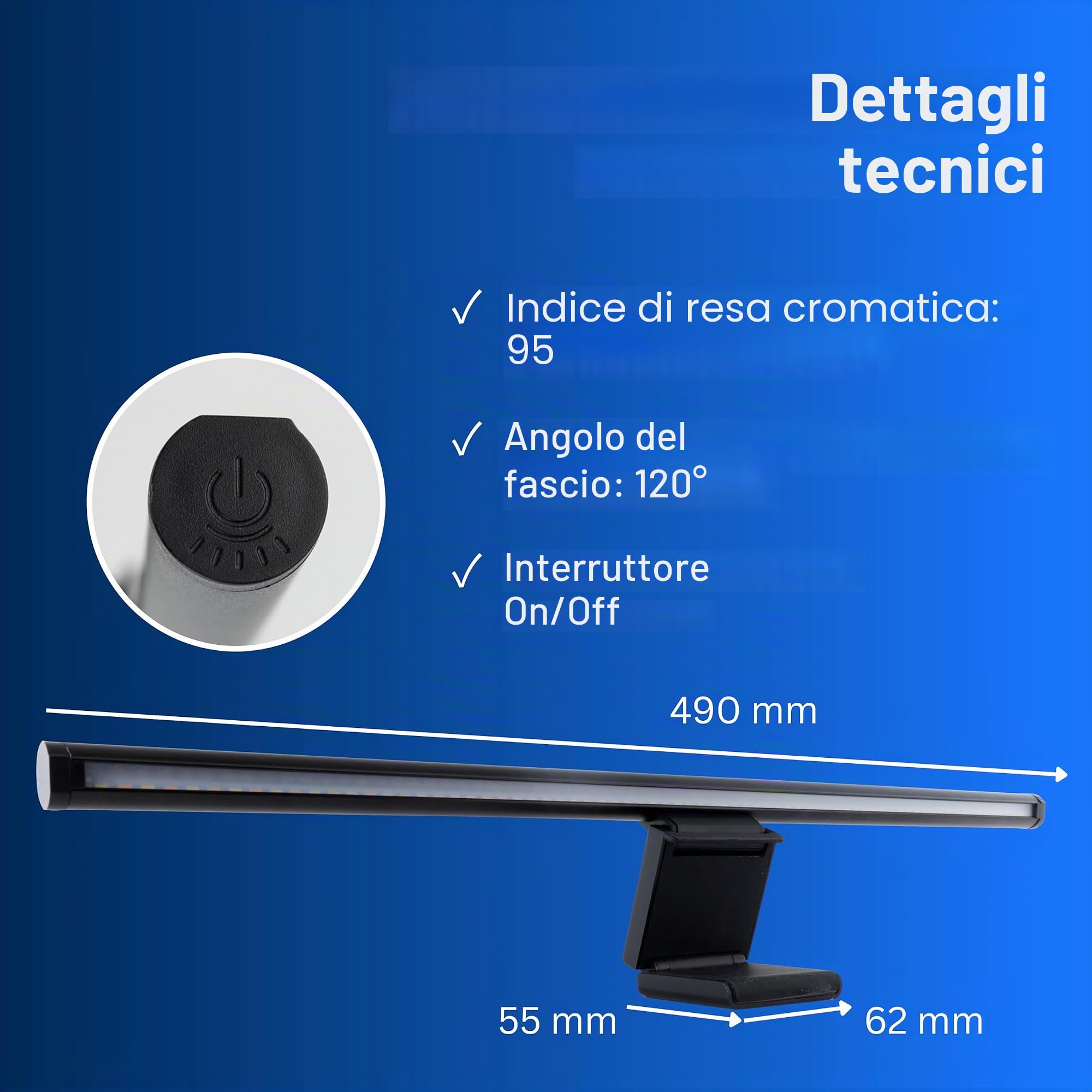 REV Lampada per monitor USB con batteria di emergenza, ca. 60 minuti, 49 cm, morsetto, 130 lm, 3 colori, nero