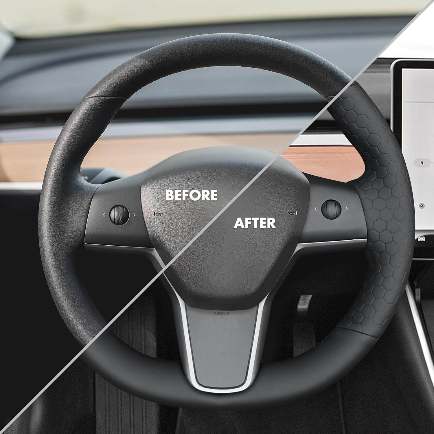 MEWANT Steering Wheel Cover for Tesla Model 3 2017-2023 / Model Y 2020-2023 Hand-Stitched Steering Wheel Wrap
