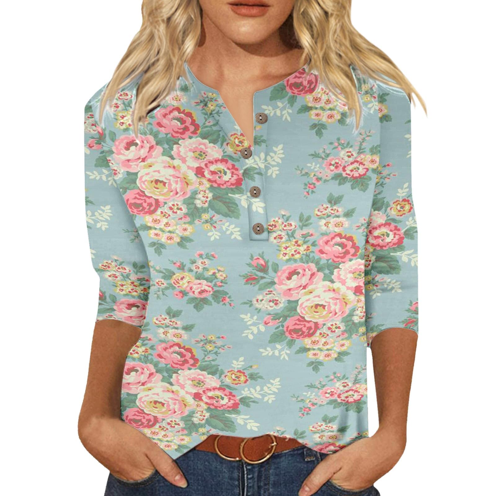 Womens Summer Tops Button Down V Neck Henley Shirts 3/4 Sleeve Ladies T-Shirts Floral Printed Spring Blouse Loose Fit Comfy Tunic Top Fashion Casual Dressy Blouses for Business Office Work Travel