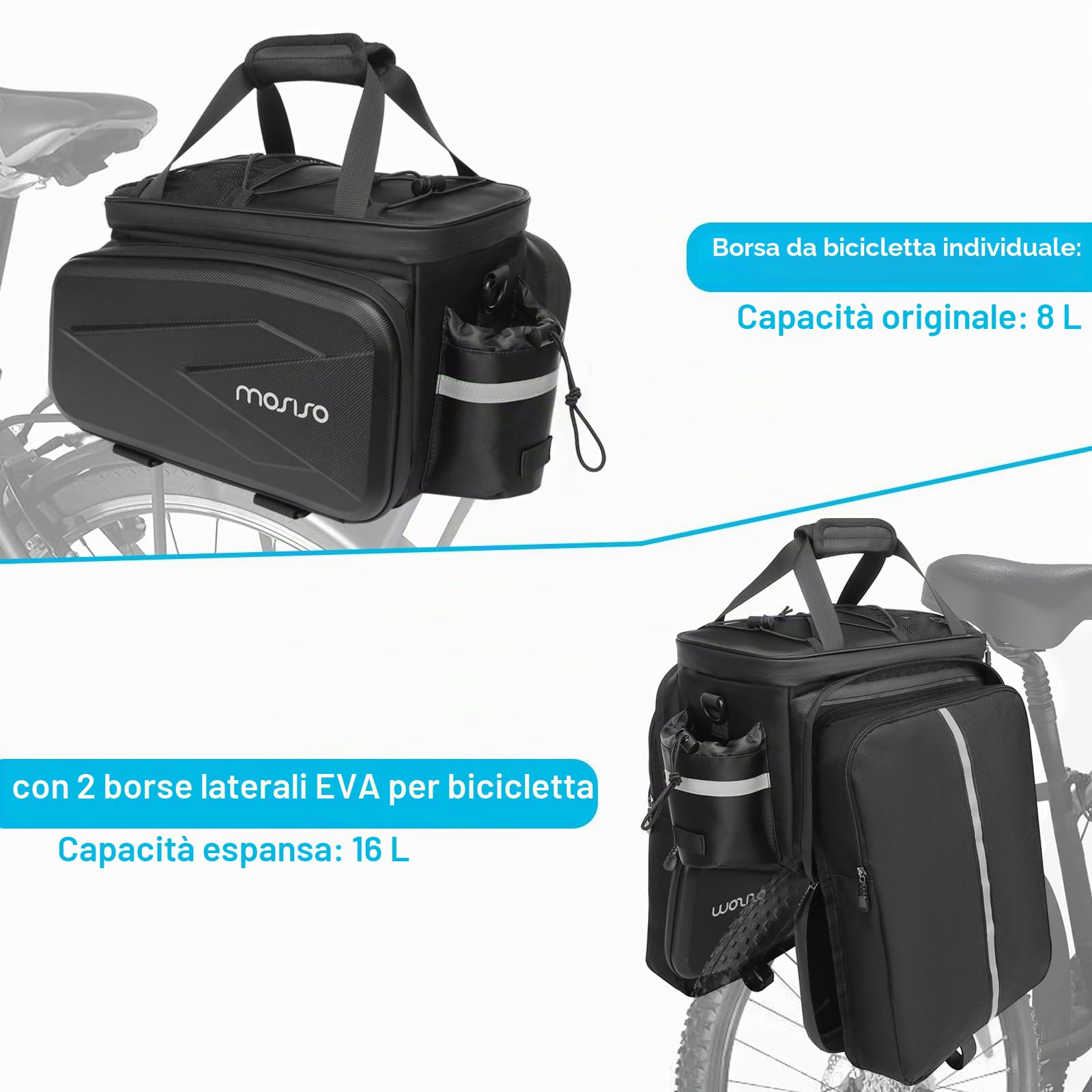 MOSISO Borsa Portapacchi Bici, Borsa Termica per Sedile Posteriore, 2 | Tasche Laterali in Eva con Borse Laterali Pieghevoli, 8 Litri, Borse Portaoggetti per Sedile Posteriore con Tracolla, Nero