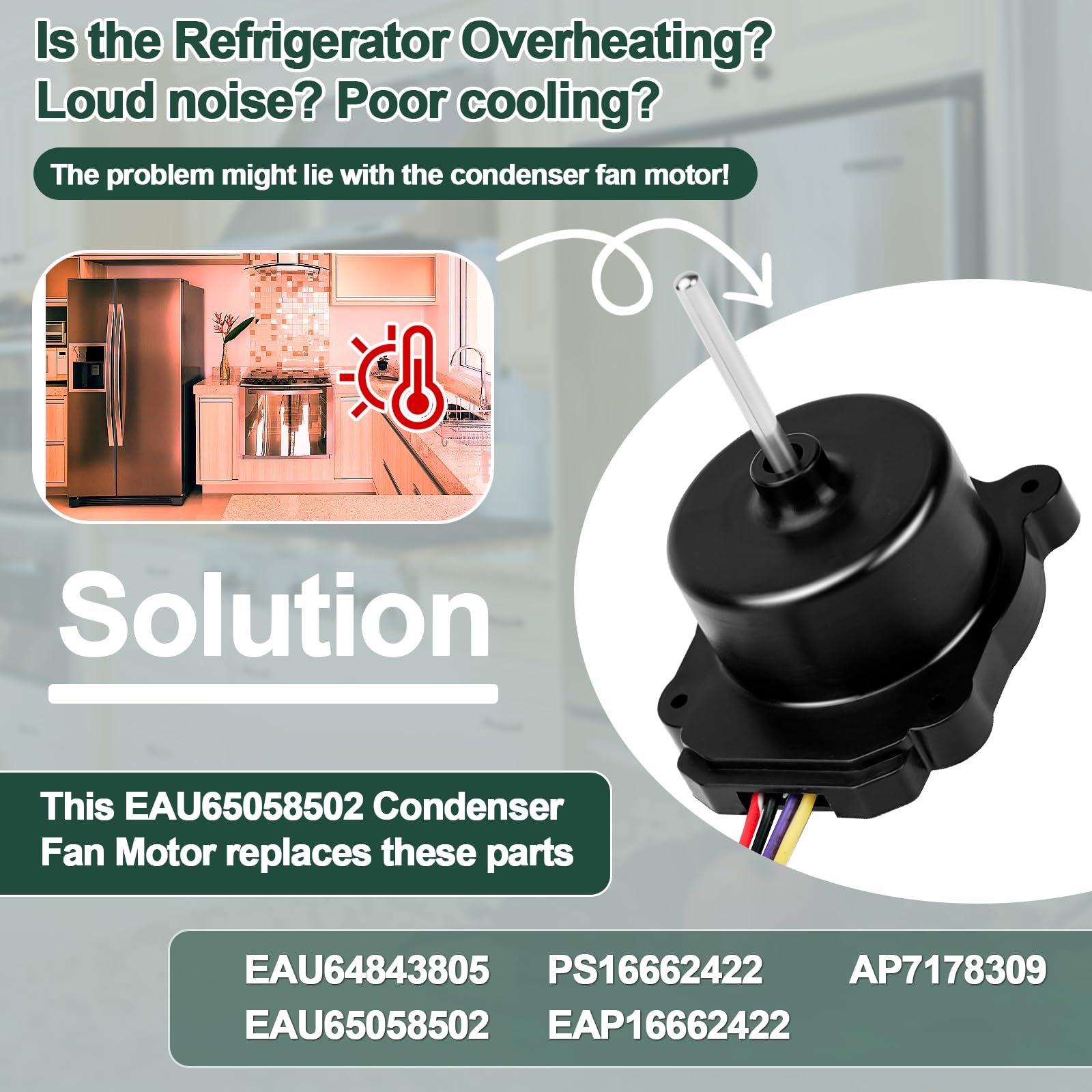 EAU65058502 - Motor de ventilador de condensador para refrigerador LG RFD3410A102A sustituye a EAP16662422 AP7178309 PS16662422 EAU64843805 EAU65058501 - Conjunto de motor de ventilador de condensador