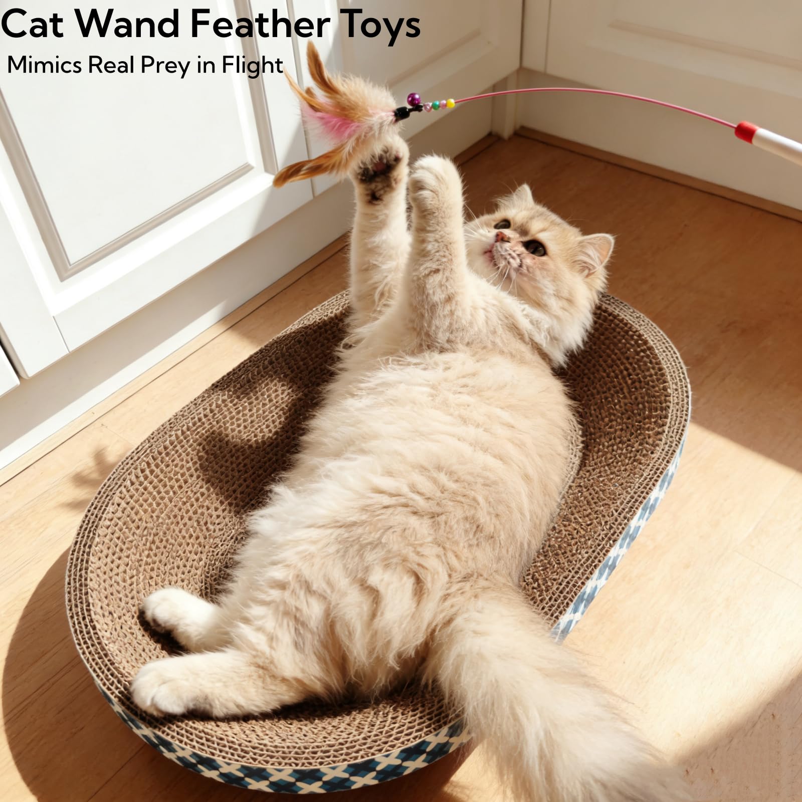 Panier Grattoir pour Chat avec Jouets, Lot de 4 Griffoirs Ovales en Carton Bol à Gratter pour Intérieur, Grand Tapis à Griffer avec Poisson à la Cataire & Plumeau, Protecteur de Meubles