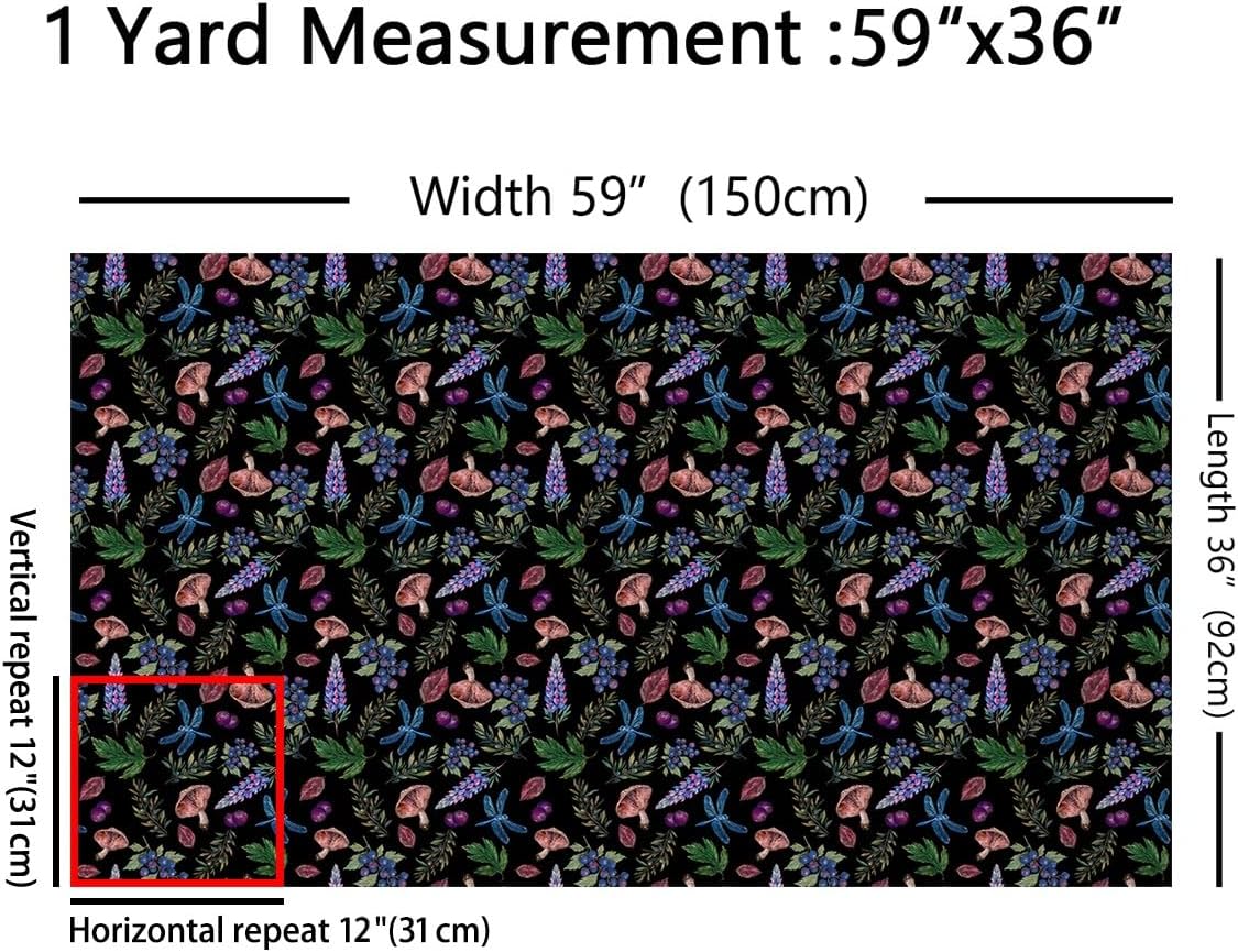 Watercolor Leaves Fabric by The Yard Wild Mushroom Outdoor Plant Decor Fabric for Kid Teens Adult Natural Dragonfly Rustic Jungle Style Fabric for DIY Upholstery and Home Accents 3 Yards,108"L x 59"W