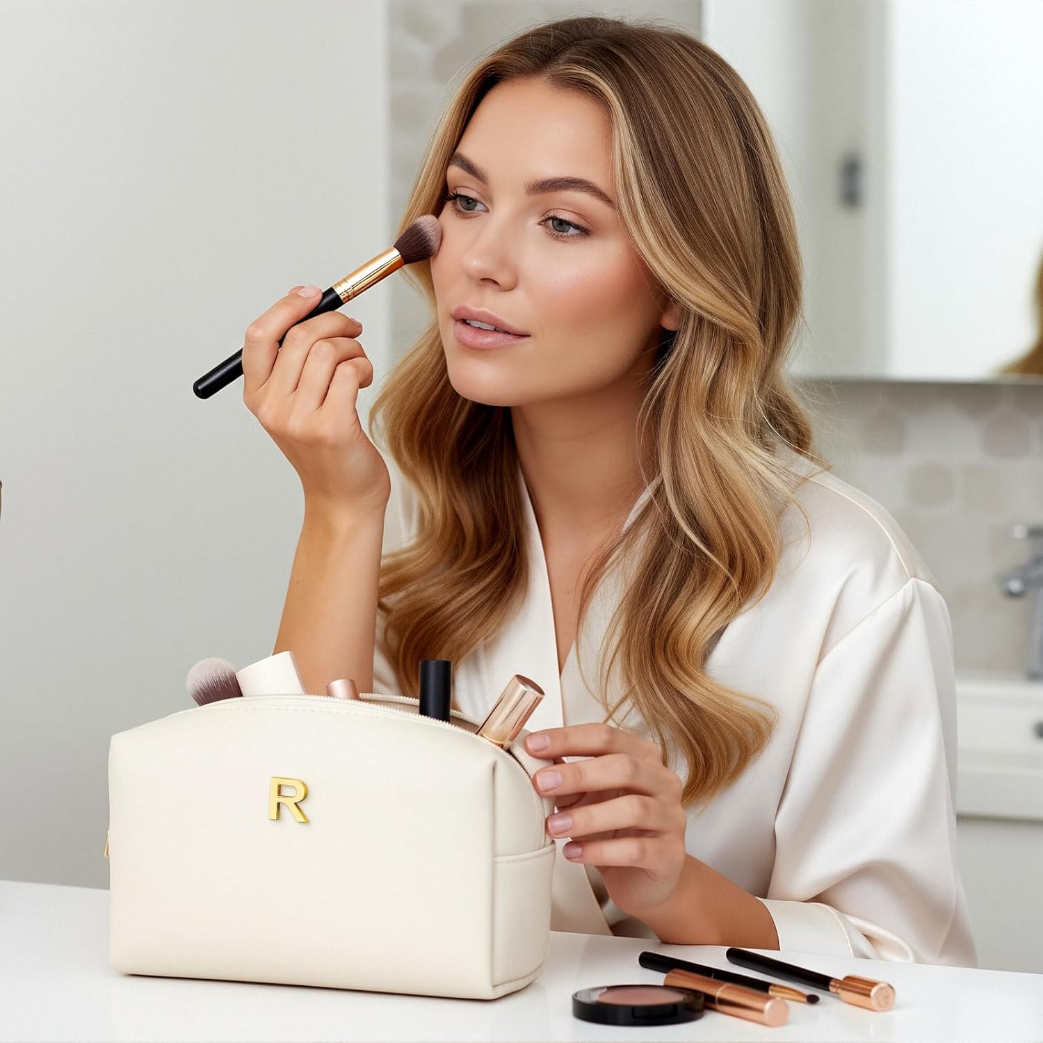 Kigeli Initial Makeup Bag Gifts for Christmas Women Girls Bridesmaid Stocking Stuffers Personalized PU Leather Preppy Monogram Cosmetic Bag Travel Toiletry Pouch Birthday Wedding Bridal Shower Gift(R) - Image 5