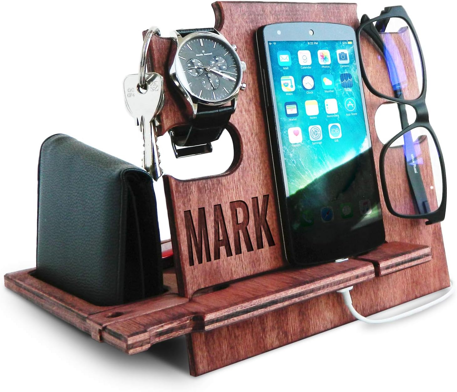 GRETAOTO Personalized Wood Phone Docking Station Gift for Men Bedside Nightstand Charging Station Organizer Mens Accessories Phone Stand Anniversary Birthday Gifts for Dad Him Husband