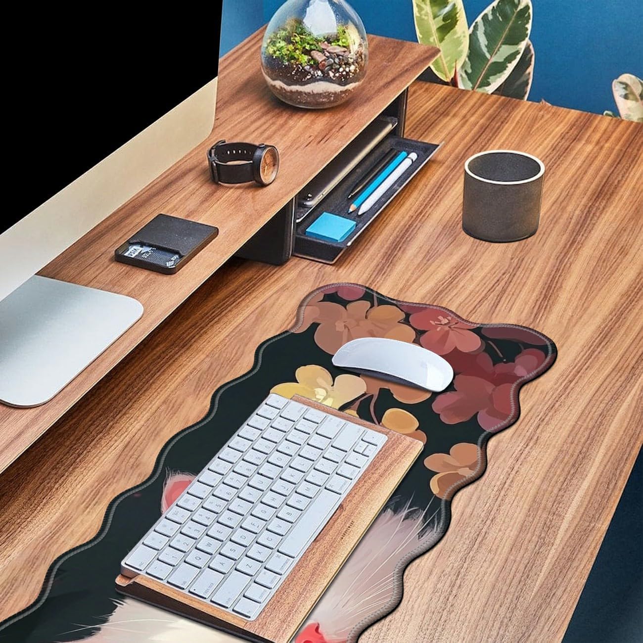 White Cat Flower Desk Mat Mouse Pad 31.5" x11.8" XL Extended Mousepad Huge Mouse Pads with Stitched Edges Desk Pad for Work, Game, Office, Home