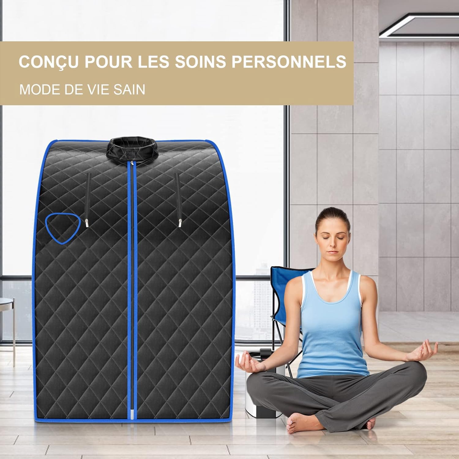 GOPLUS 1000W Sauna à Vapeur Portable 3L, Sauna Cabine Pliable avec Chaise, Température Réglable à 64℃, 9 Minuterie Réglable, Fonction d’atomisation pour Soulagement(Noir)