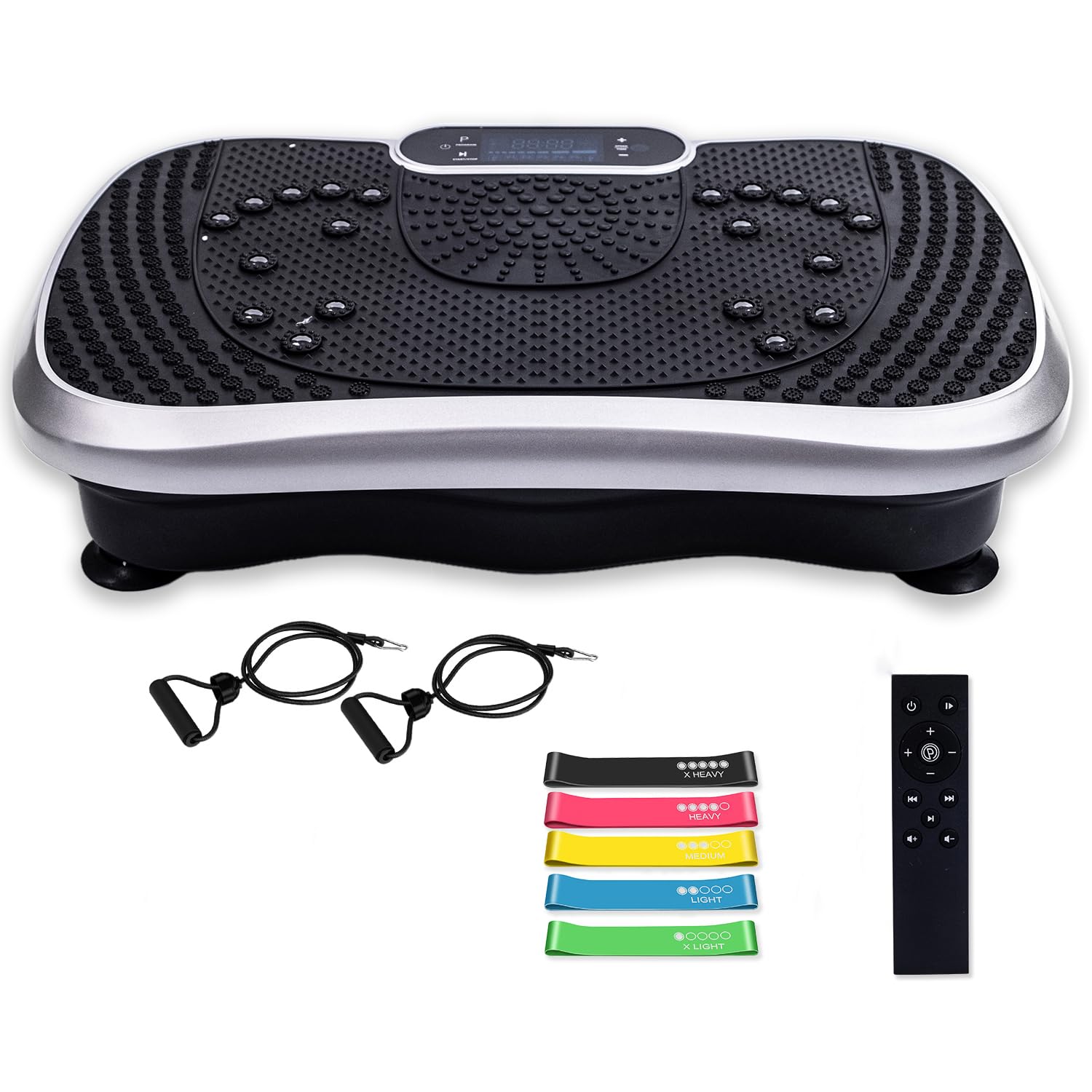 Pedana Vibrante per Allenamento a Casa, Workout e Massaggio, Pedana Fitness Oscillante con 5 Elastici Fitness, 99 Livelli di Intensità e Altoparlante Bluetooth 5.1, Vibration Plate Exercise Machine