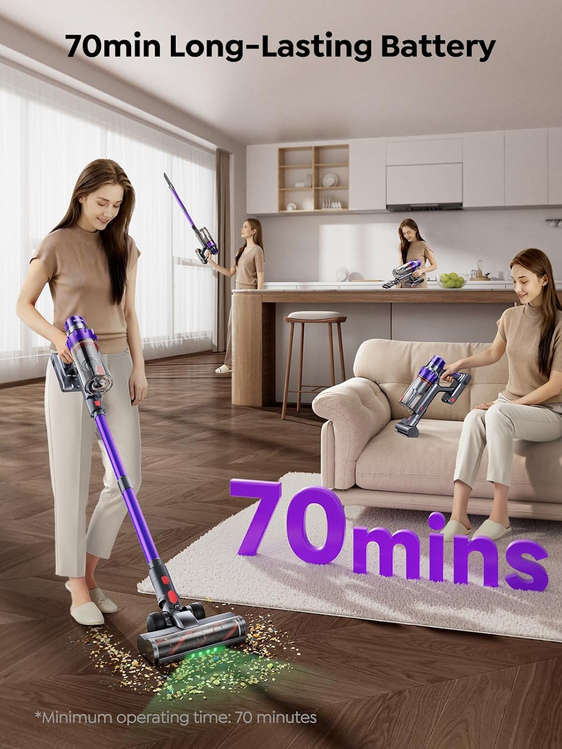 SMOTURE Cordless Vacuum Cleaner, 650W 55KPA 70Mins Vacuum Cleaners for Home, Cordless Stick Vacuum with LED Touch Screen, Anti-Tangle Wireless Vacuum, Handheld Vacuum for Pet Hair/Carpet/Floor - Image 3