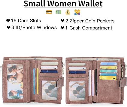 GOIACII Leather Purses for Women, Bifold Compact Womens Wallet with RFID Blocking, Medium Ladies Purse Credit Card Wallet with 16 Card Slots and Zip Coin Pocket