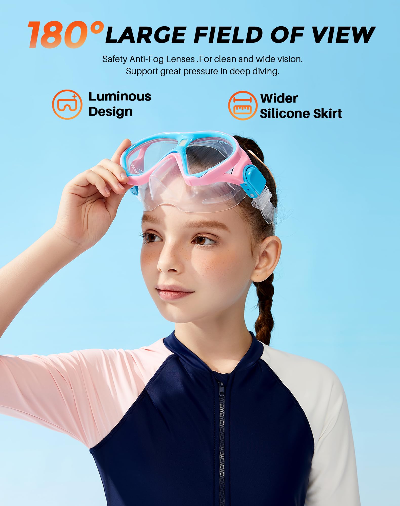 CoolystiaDrX Kids Snorkel Swim Mask Child Diving Mask Anti-Fog Swim Goggles Tempered Glass Snorkeling Scuba Diving Glasses with Nose Cover Luminous Design for Age 4- 14 Youth Boys Girls