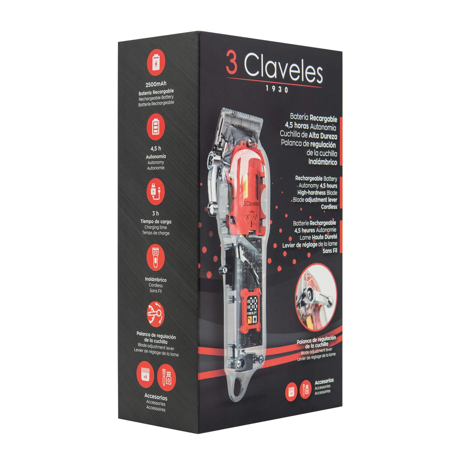 Cortapelos 3Claveles Inalámbrico de Diseño Transparente - Máquina cortar pelo Ligero y Potente, Corte de 18 cm, Batería de 2500 mAh