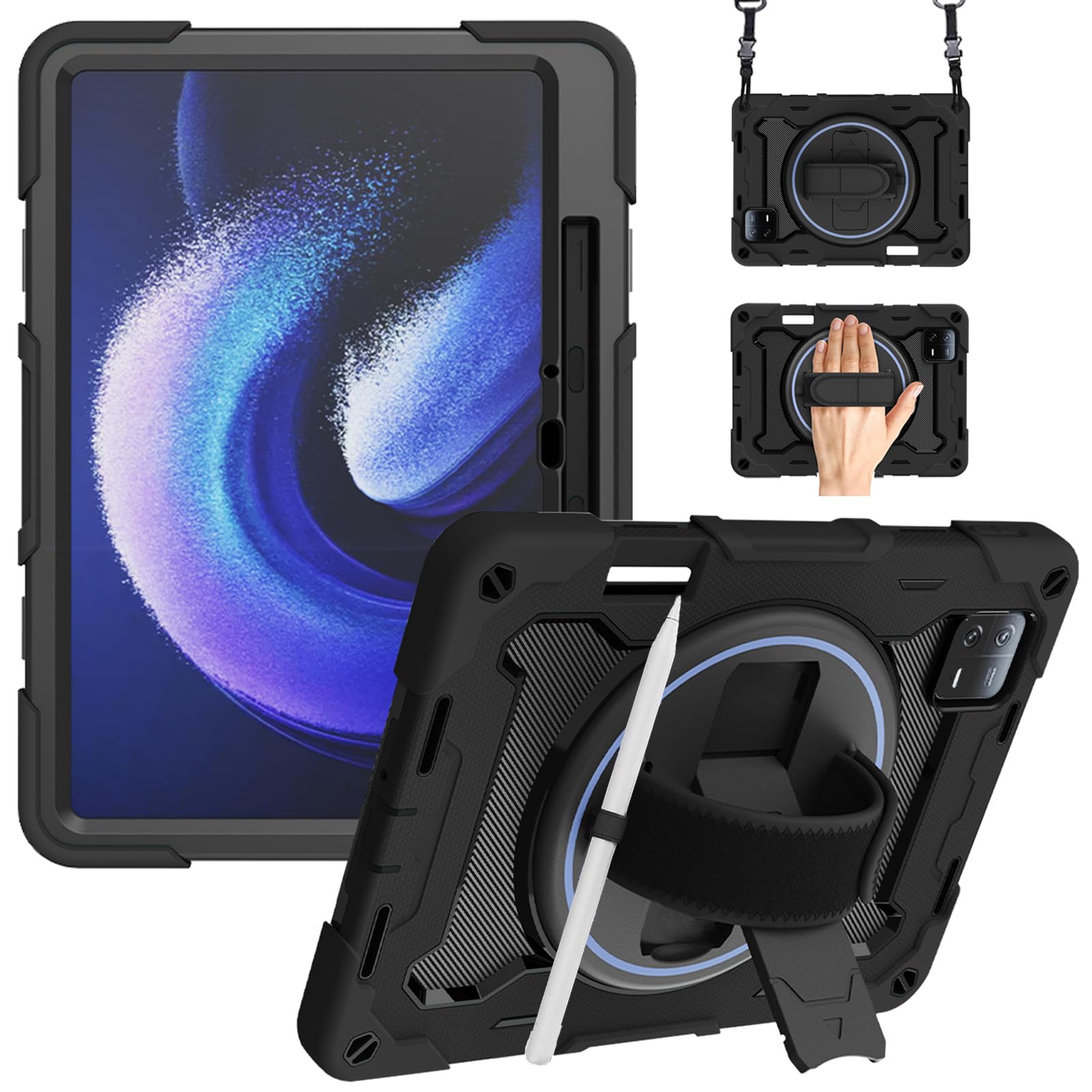 Junfire Case for Xiaomi Pad 6 / Pad 6 Pro 11 inch 2023, Shockproof Rugged Protective Case with 360° Rotating Kickstand Hand Strap Pencil Holder Shoulder Belt for Xiaomi Pad 6 Tablet Case, Black